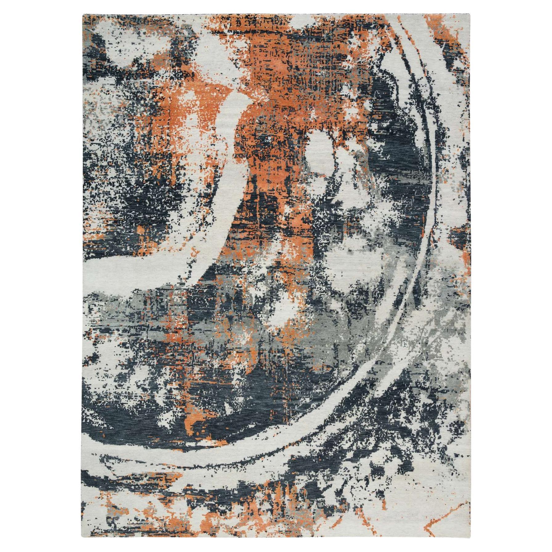 Black Abstract with Curvilinear Motif Hand Knotted Wool Modern Rug 9'3" x 11'9"