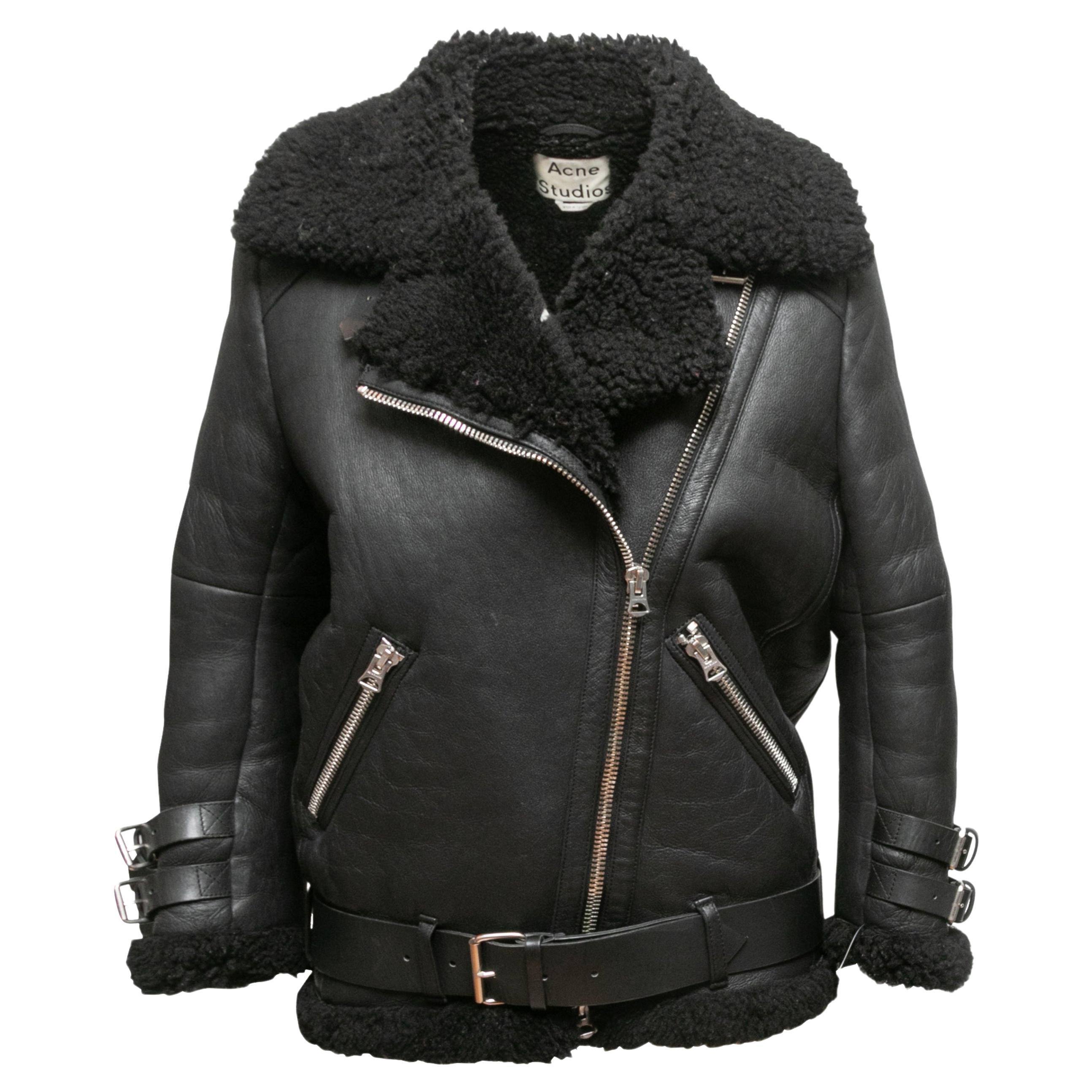 Black Acne Studios Leather & Shearling Moto Jacket Size EU 32 For Sale
