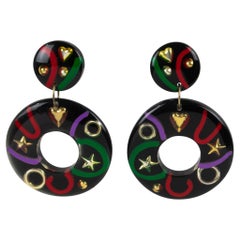 Black Acrylic Lucite Clip-on Earrings with Multicolor Inclusions