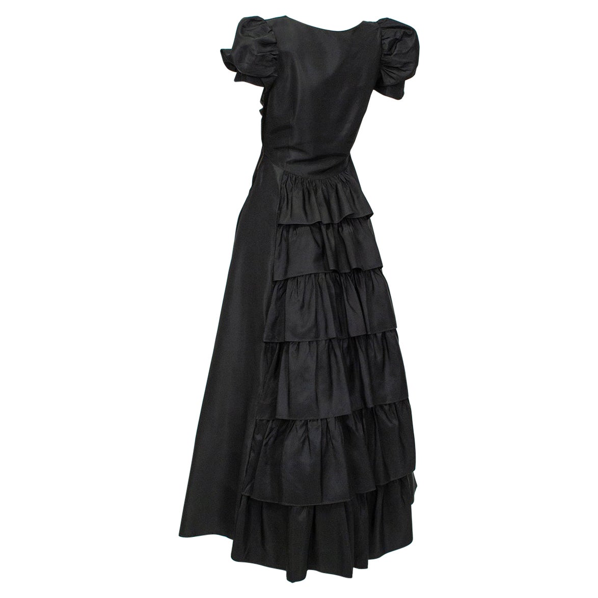 Robe noire d'inspiration Hollywood Regency avec dos à volants en cascade - XS, années 1930