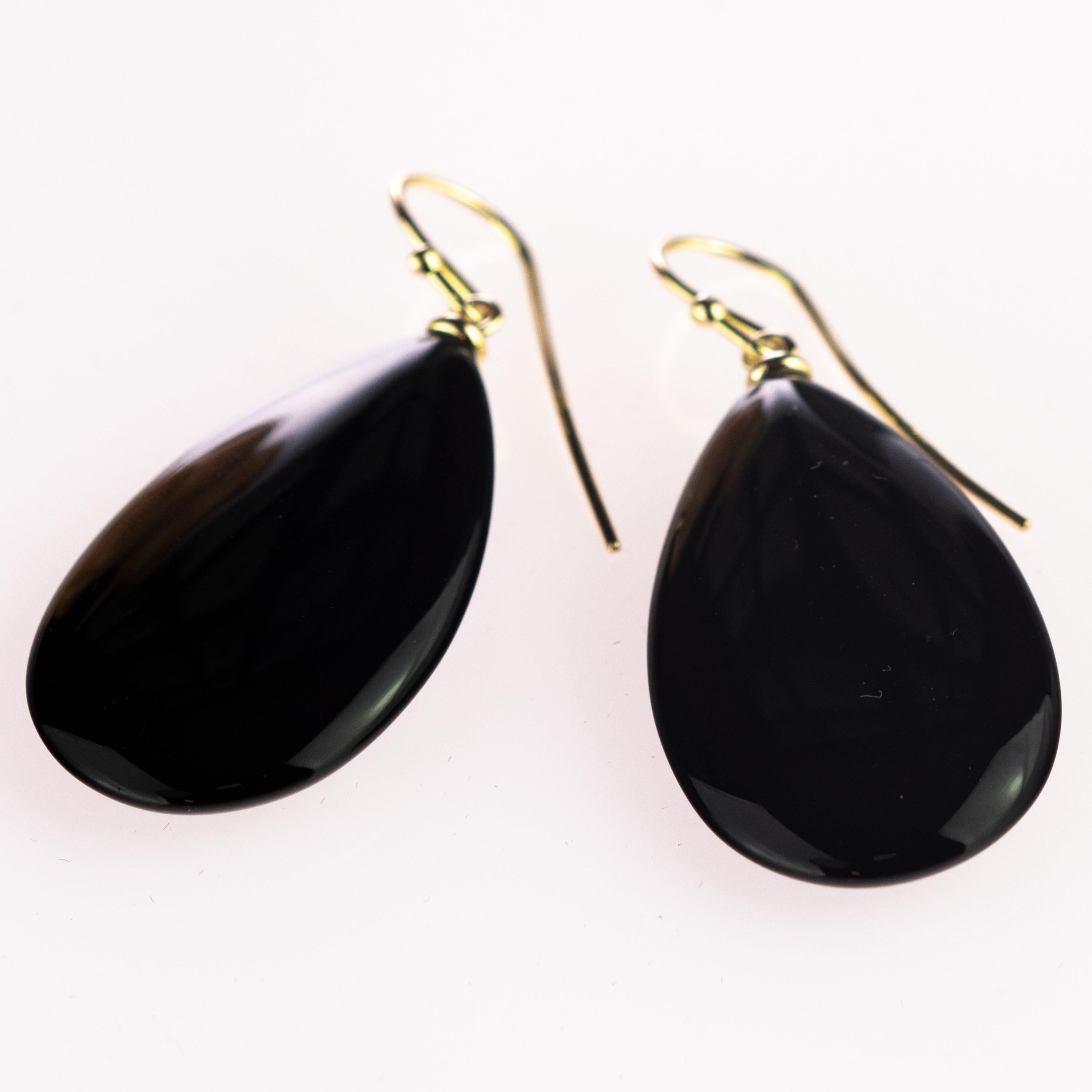 Schwarzer Achat 18 Karat Gold Cocktail Sharp Flat Tear Tropfen Dangle Long Art Ohrringe (Art déco) im Angebot