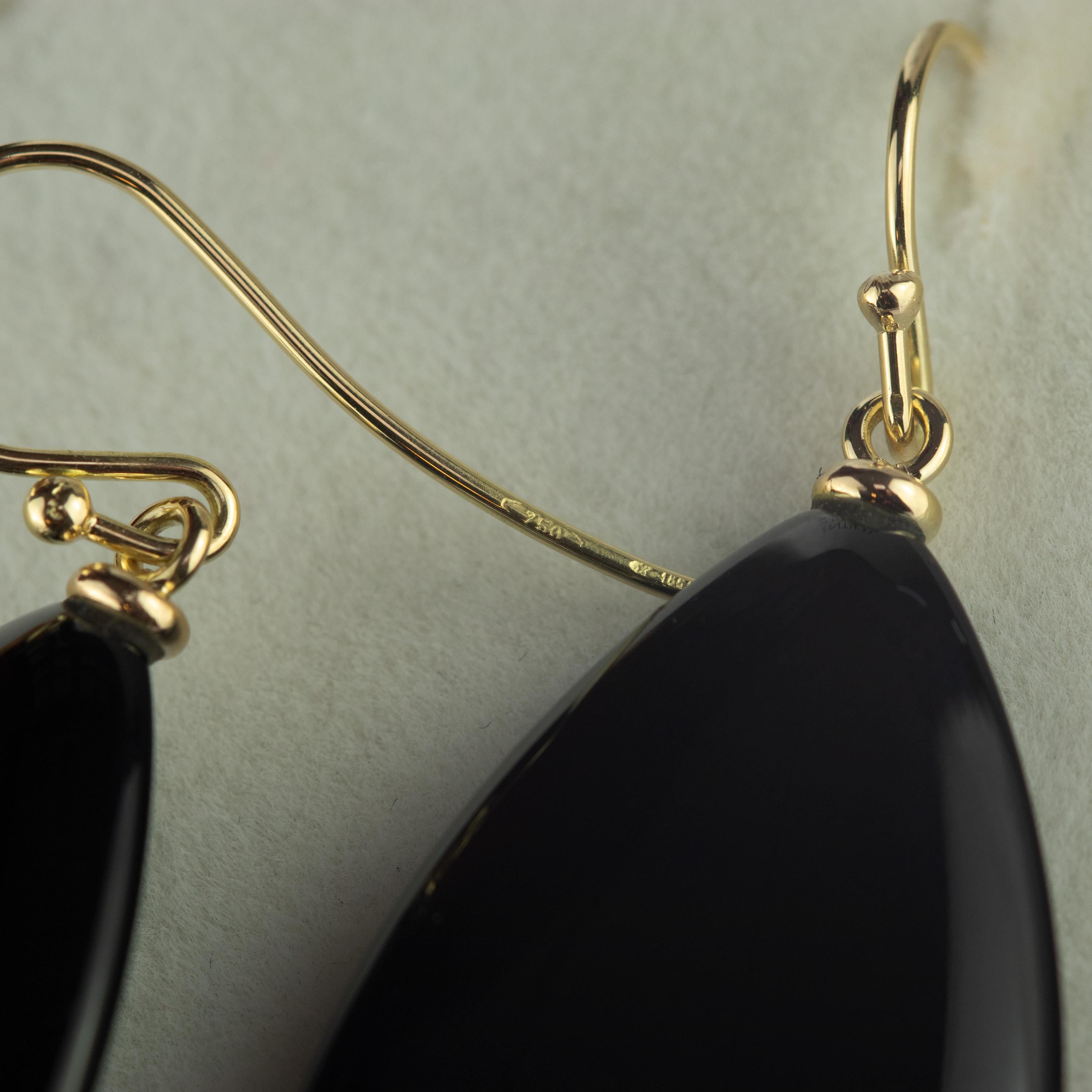 Schwarzer Achat 18 Karat Gold Cocktail Sharp Flat Tear Tropfen Dangle Long Art Ohrringe (Gemischter Schliff) im Angebot