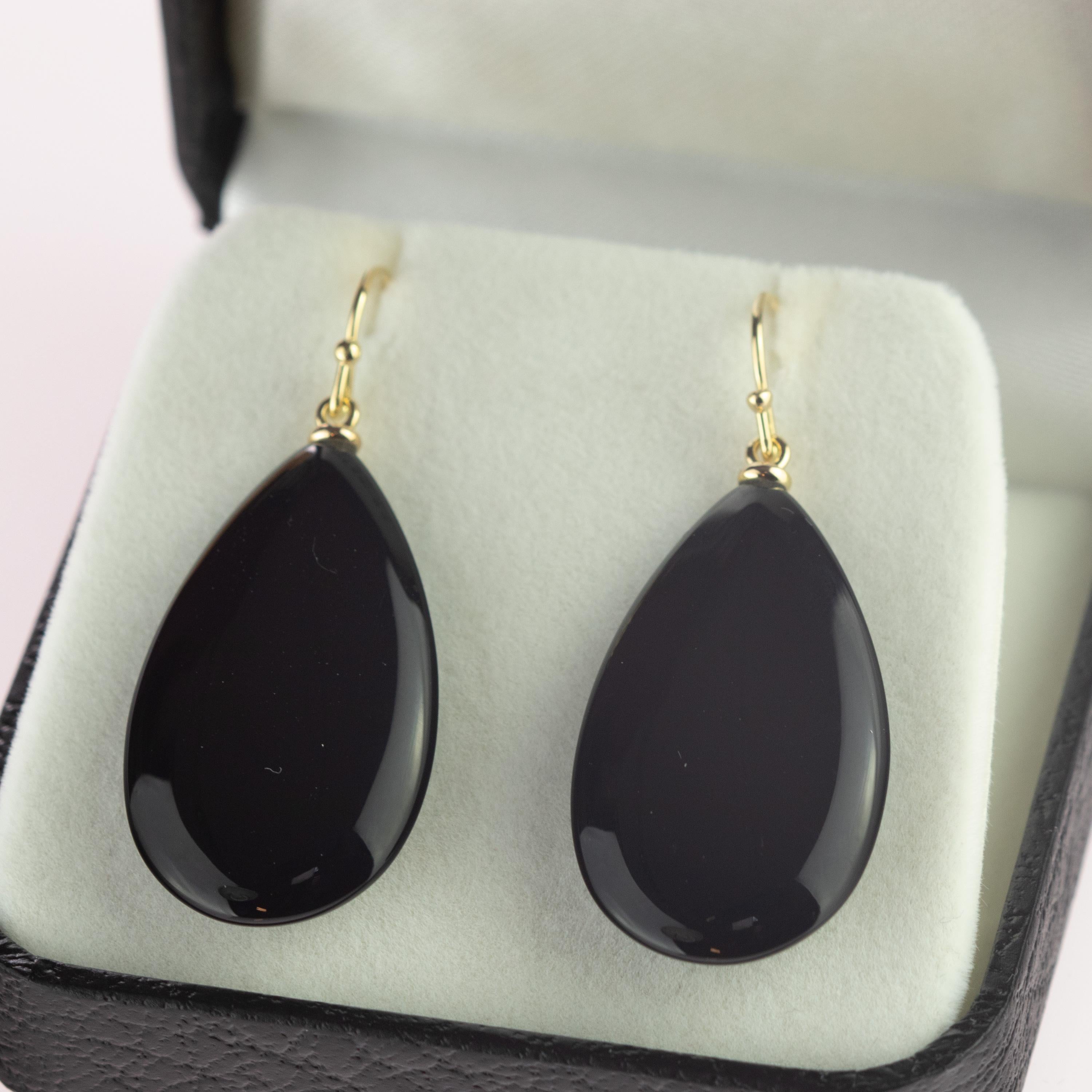 Schwarzer Achat 18 Karat Gold Cocktail Sharp Flat Tear Tropfen Dangle Long Art Ohrringe Damen im Angebot
