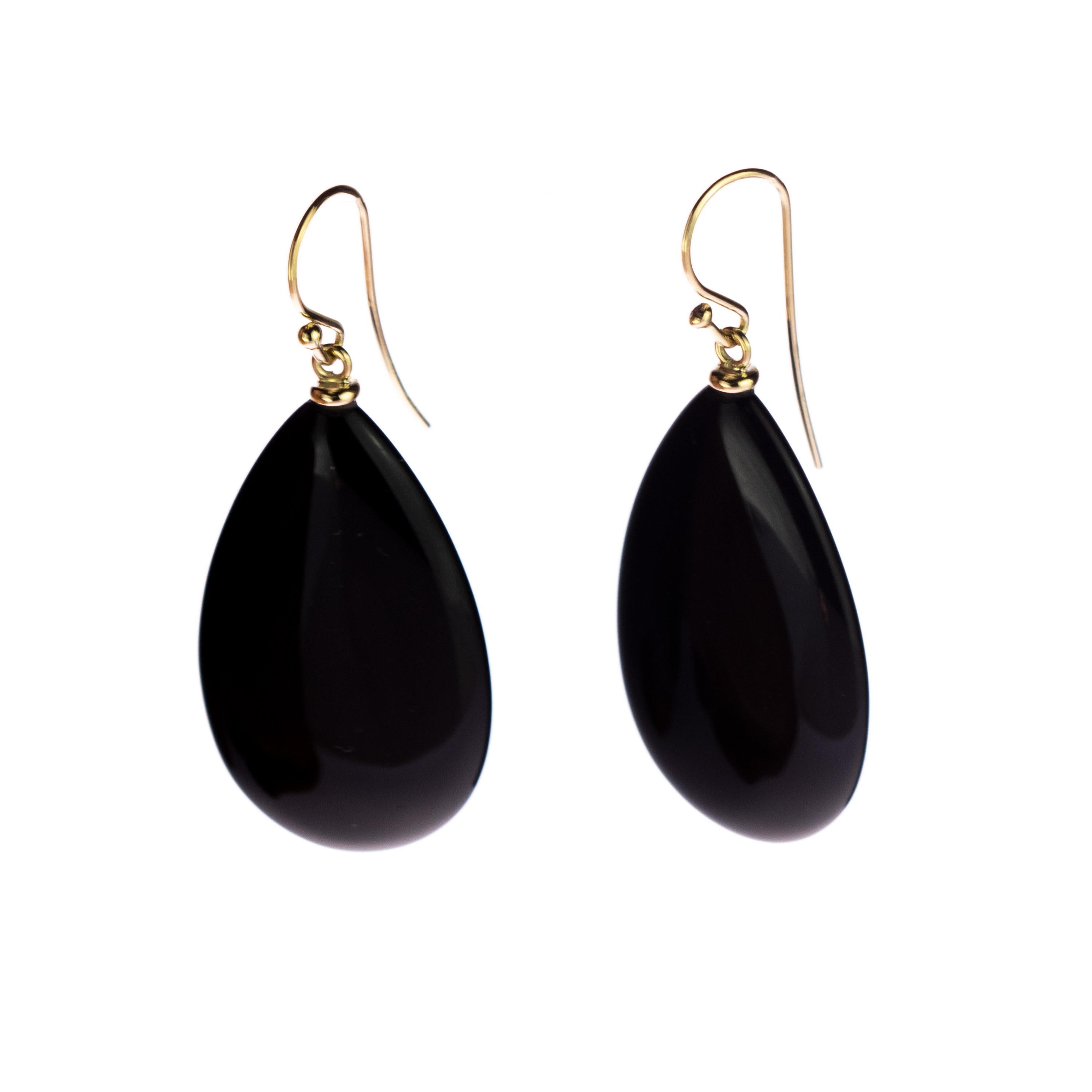 Schwarzer Achat 18 Karat Gold Cocktail Sharp Flat Tear Tropfen Dangle Long Art Ohrringe im Angebot 1