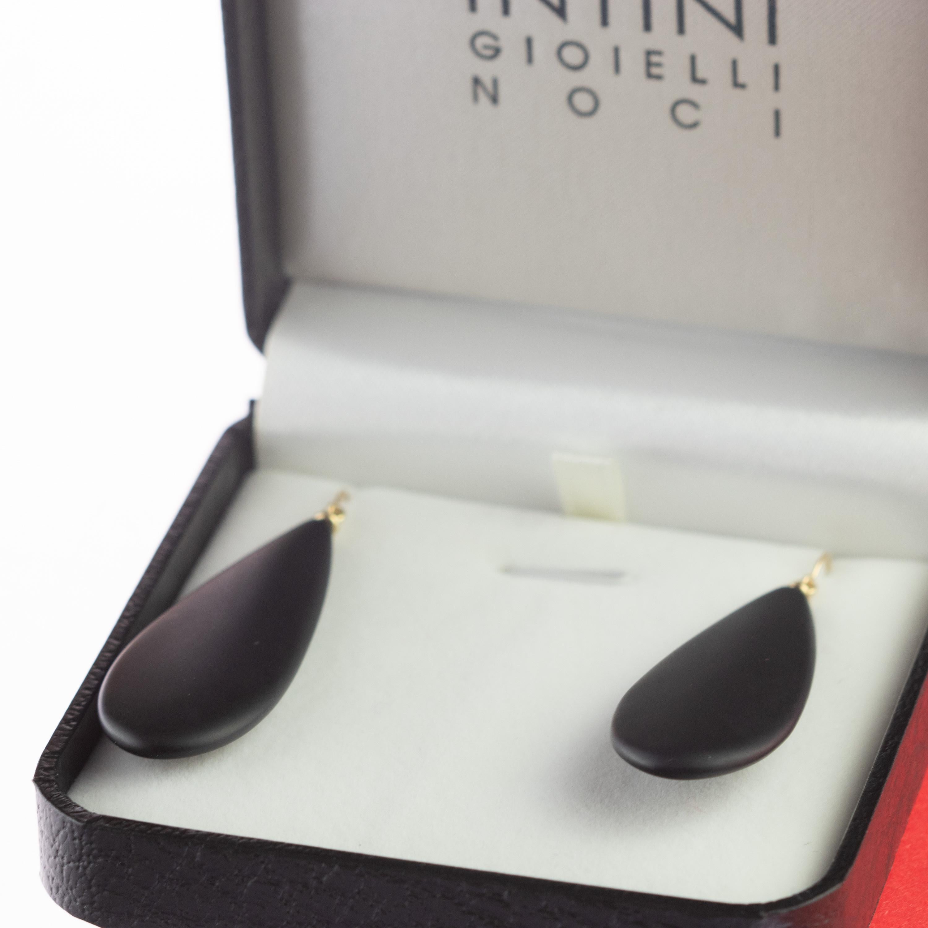 Agata nera in oro 18 carati Cocktail Sharp Flat Tear Drop Dangle Orecchini d'arte lunghi in vendita 2