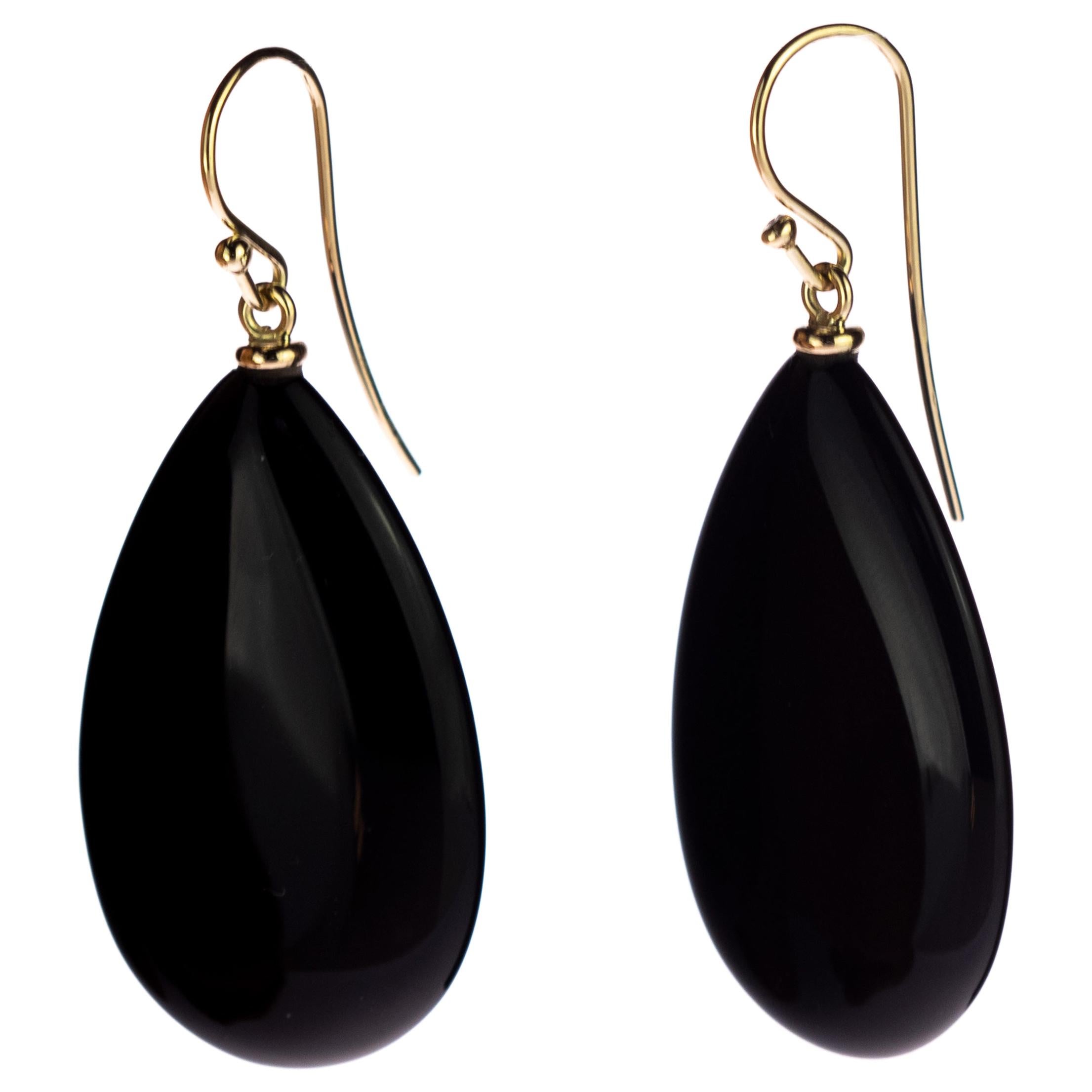 Agata nera in oro 18 carati Cocktail Sharp Flat Tear Drop Dangle Orecchini d'arte lunghi