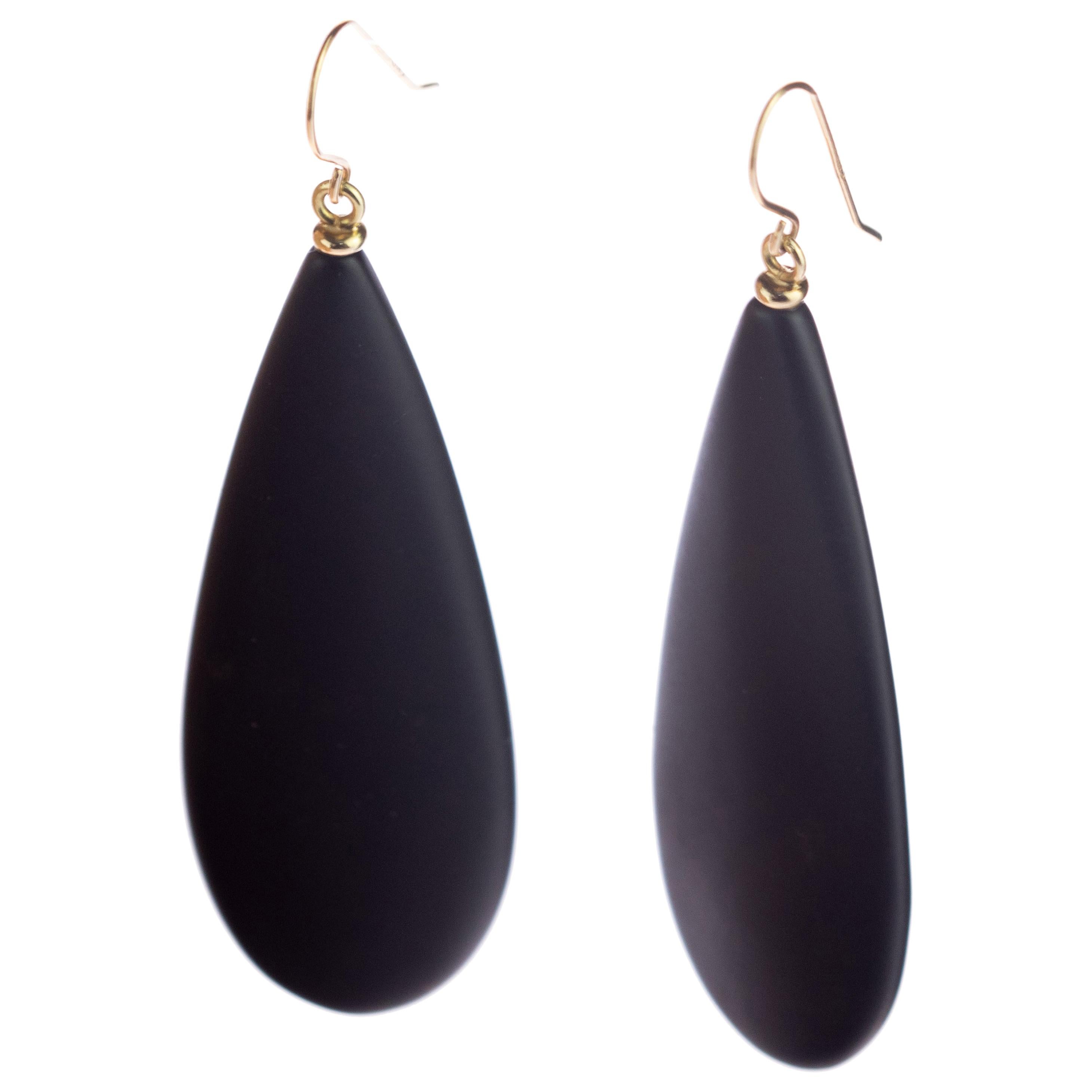 Agata nera in oro 18 carati Cocktail Sharp Flat Tear Drop Dangle Orecchini d
arte lunghi