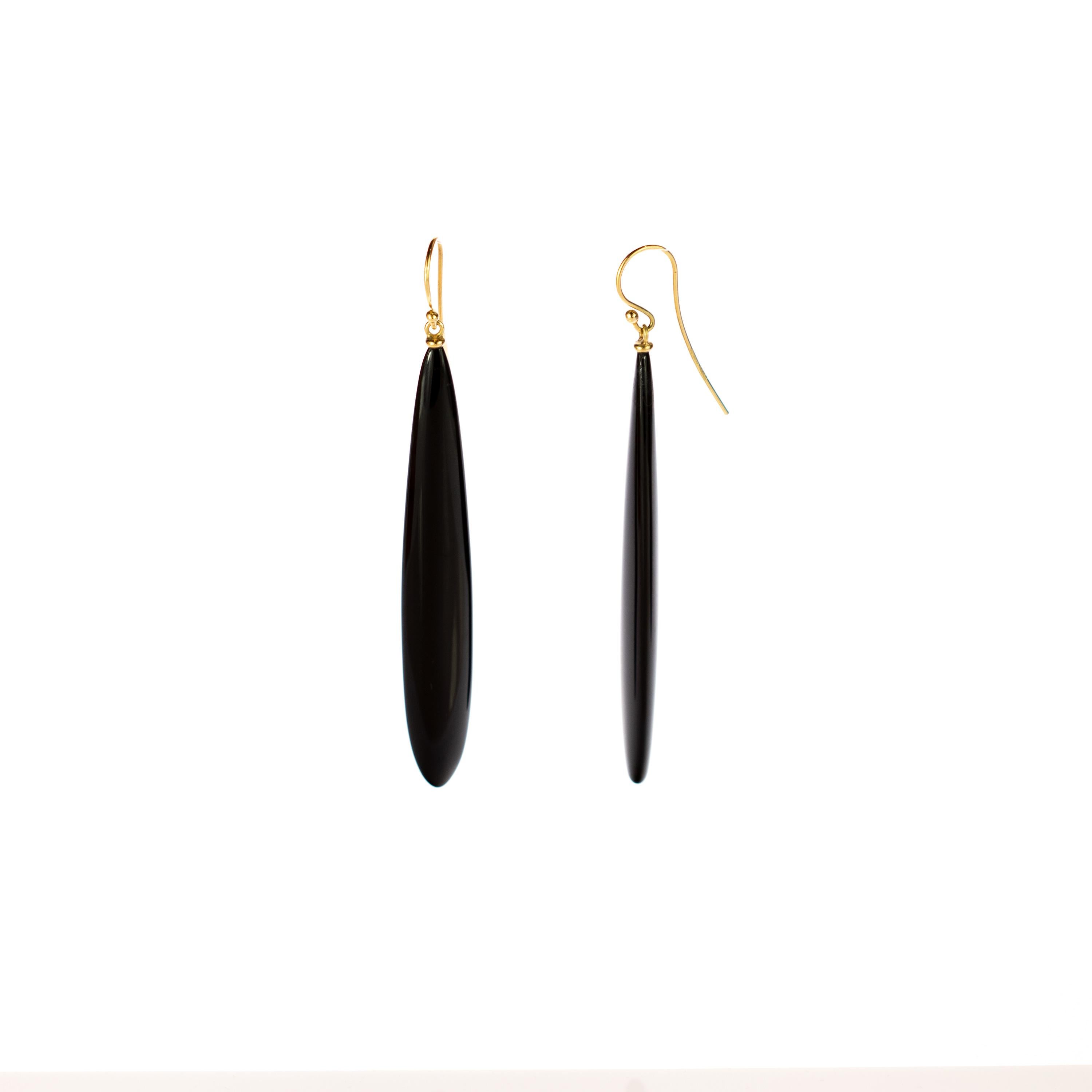 Art Deco Black Agate 18 Karat Gold Cocktail Sharp Flat Tear Drop Dangle Long Art Earrings For Sale