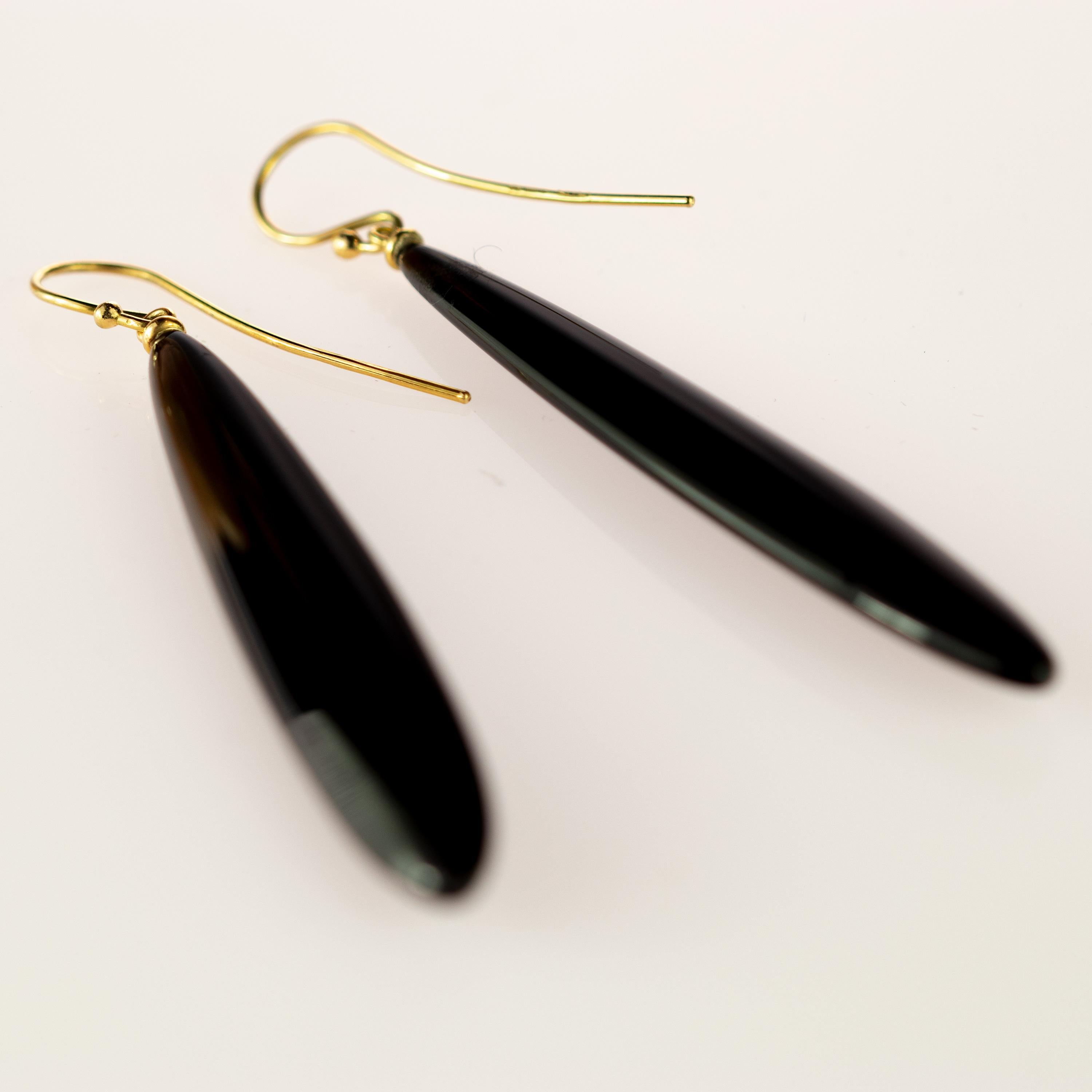 Women's Black Agate 18 Karat Gold Cocktail Sharp Flat Tear Drop Dangle Long Art Earrings For Sale