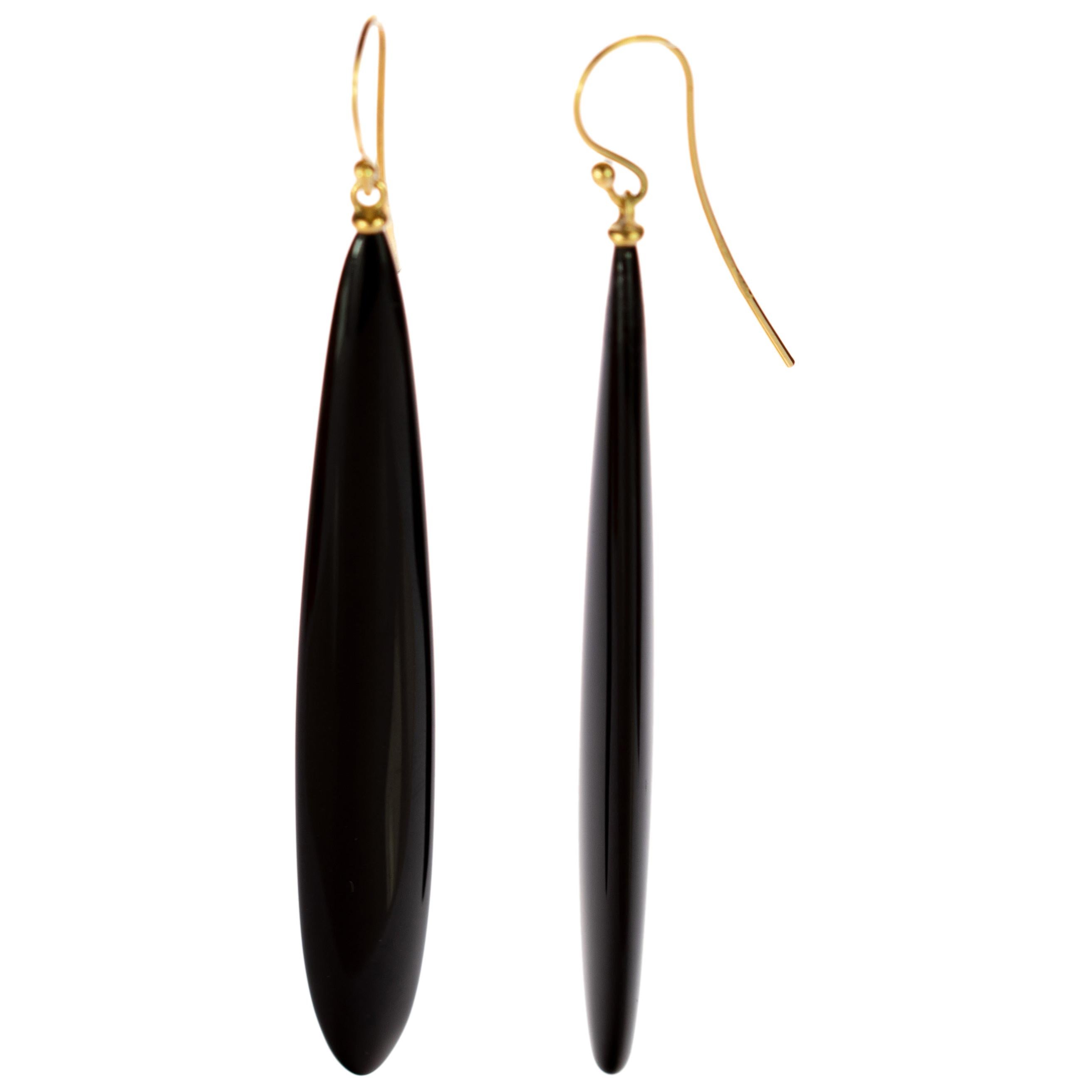 Black Agate 18 Karat Gold Cocktail Sharp Flat Tear Drop Dangle Long Art Earrings For Sale