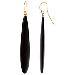 Black Agate 18 Karat Gold Cocktail Sharp Flat Tear Drop Dangle Long Art Earrings