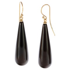 Black Agate 18 Karat Yellow Gold Tear Drop Dangle Bold Crafted Cocktail Earrings