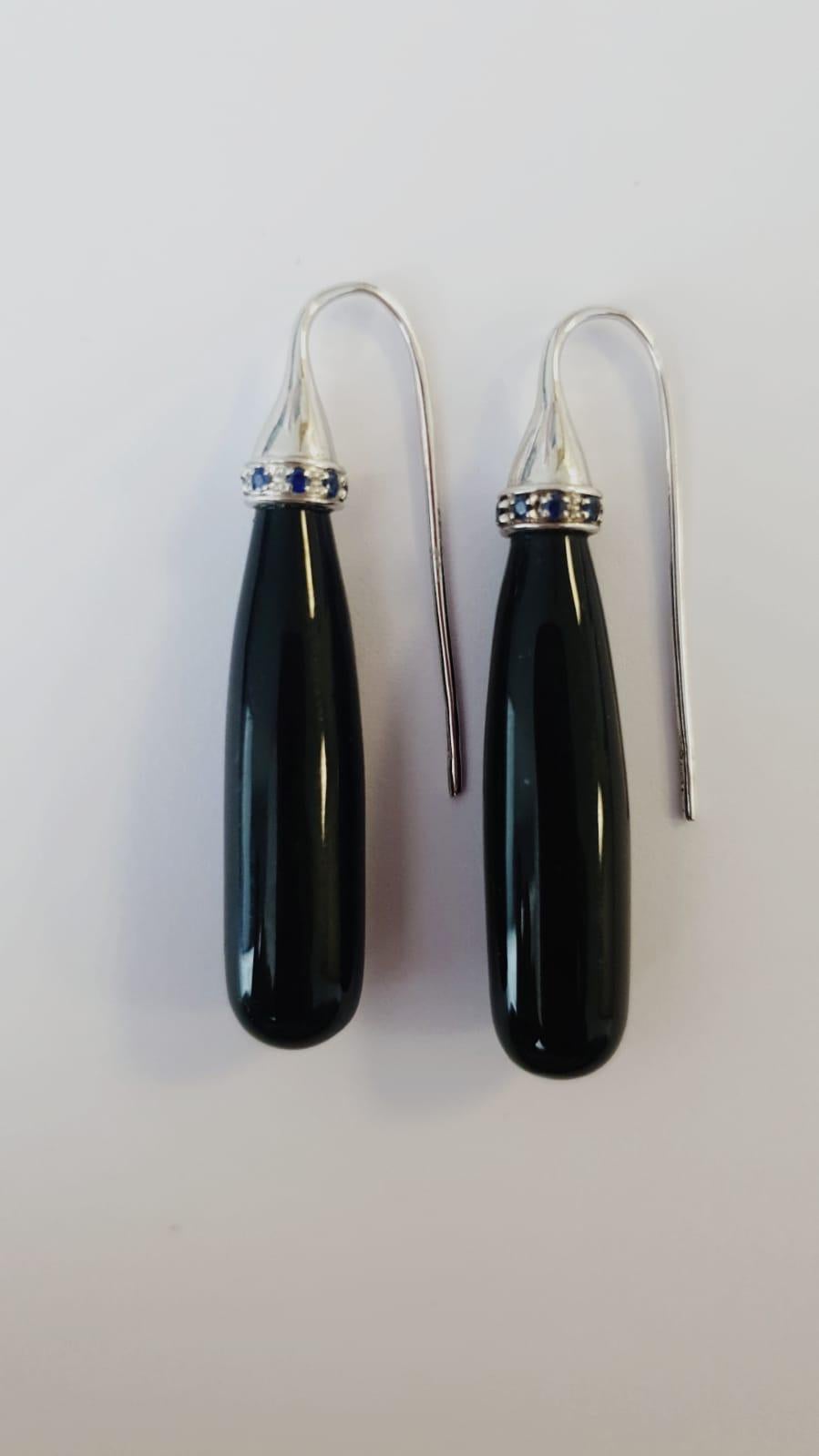 Artisan Black Agate and Blue Sapphires 18 Karat White Gold Earrings For Sale