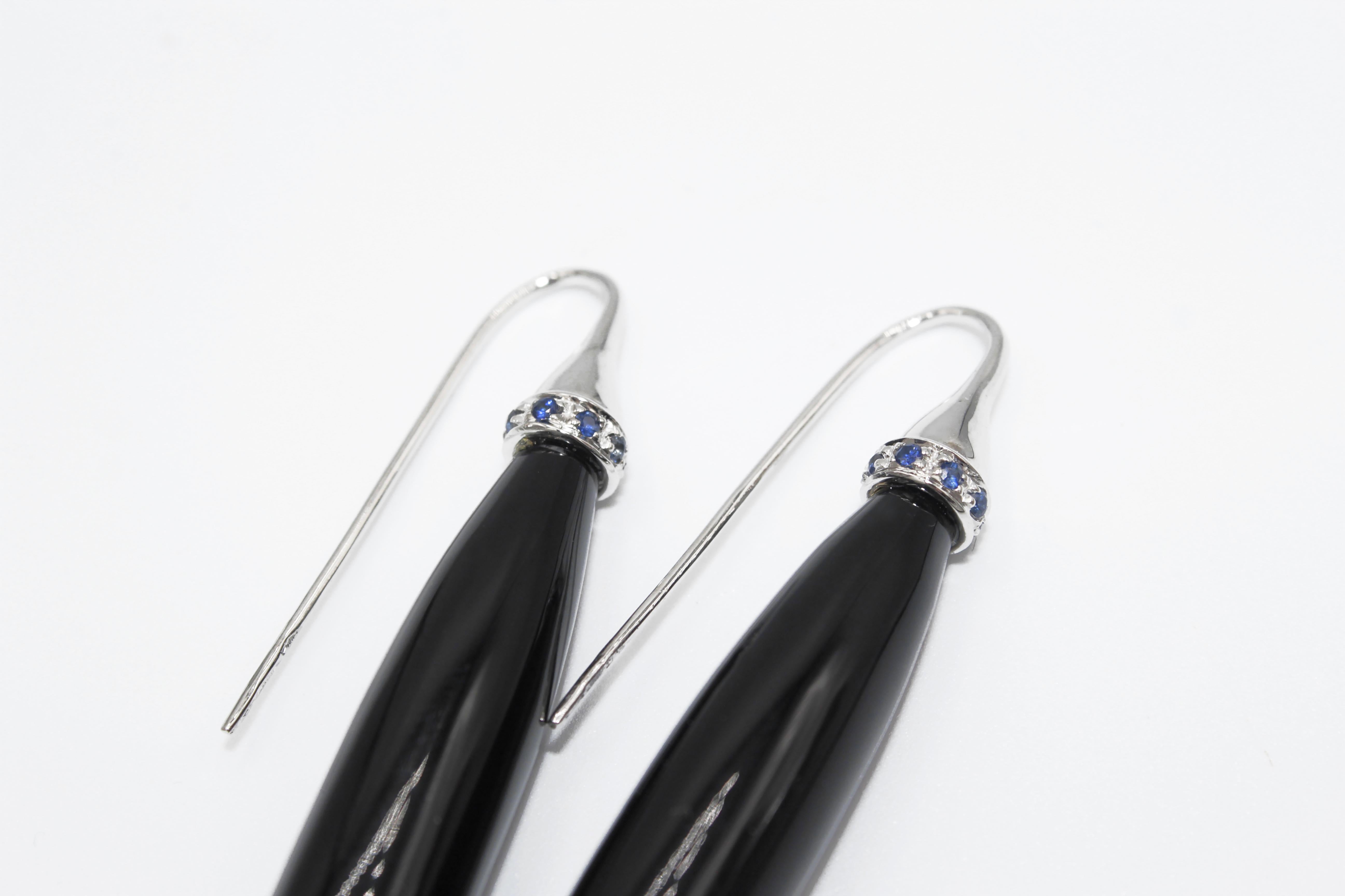Black Agate and Blue Sapphires 18 Karat White Gold Earrings In New Condition For Sale In Torre del Greco, IT
