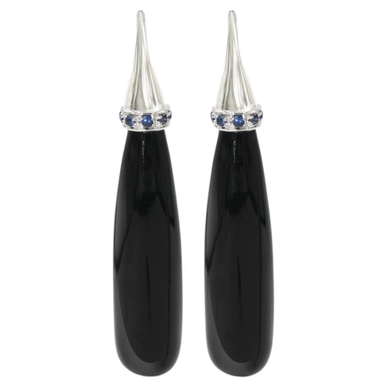 Black Agate and Blue Sapphires 18 Karat White Gold Earrings For Sale