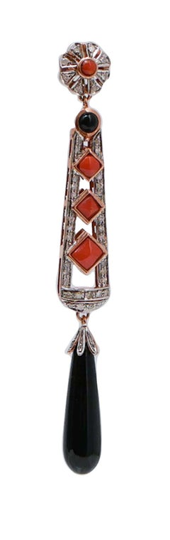Black Agate, Coral, Diamonds, Rose Gold and Silver Earrings.