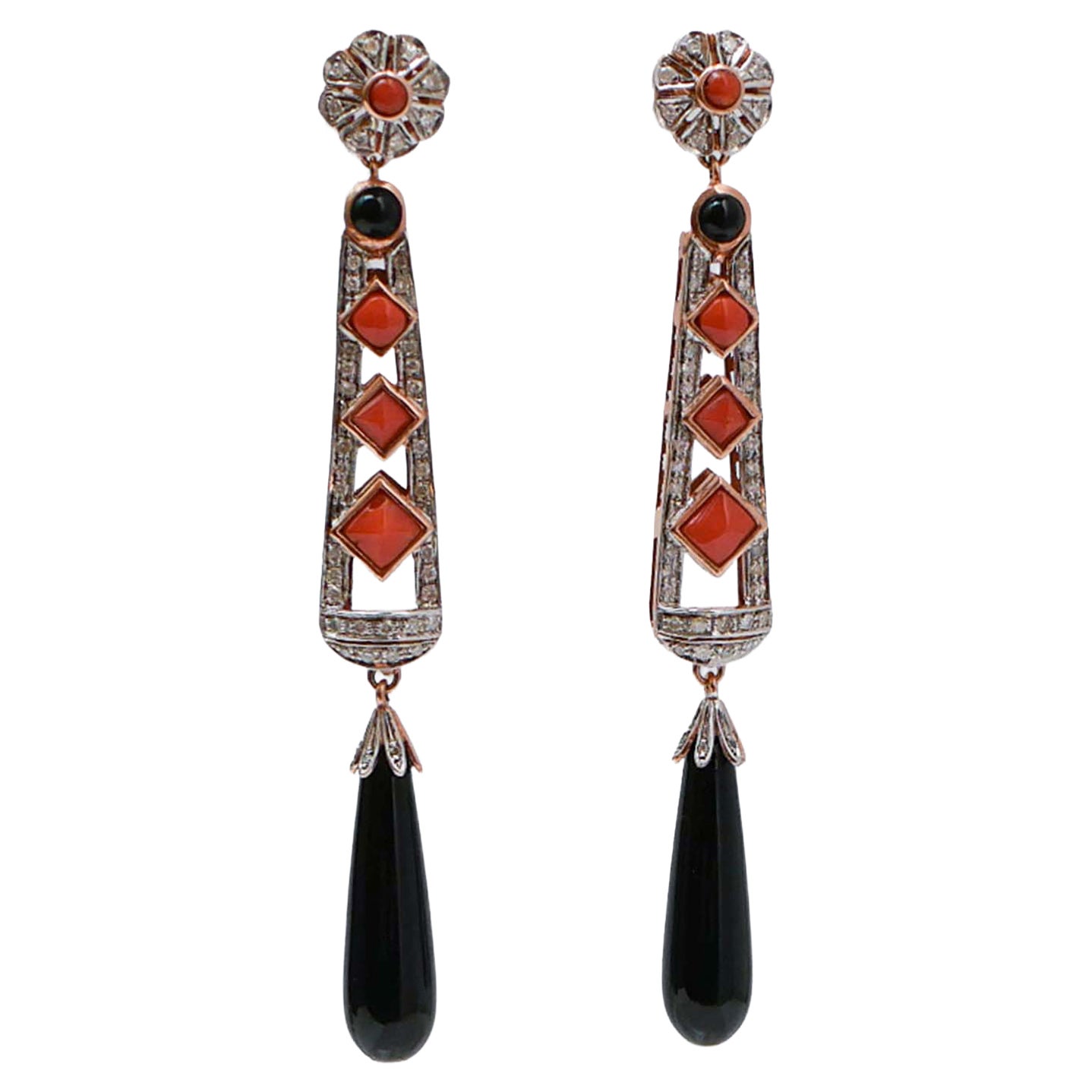 Black Agate, Coral, Diamonds, Rose Gold and Silver Earrings. For Sale