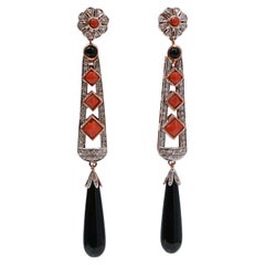 Black Agate, Coral, Diamonds, Rose Gold and Silver Earrings.