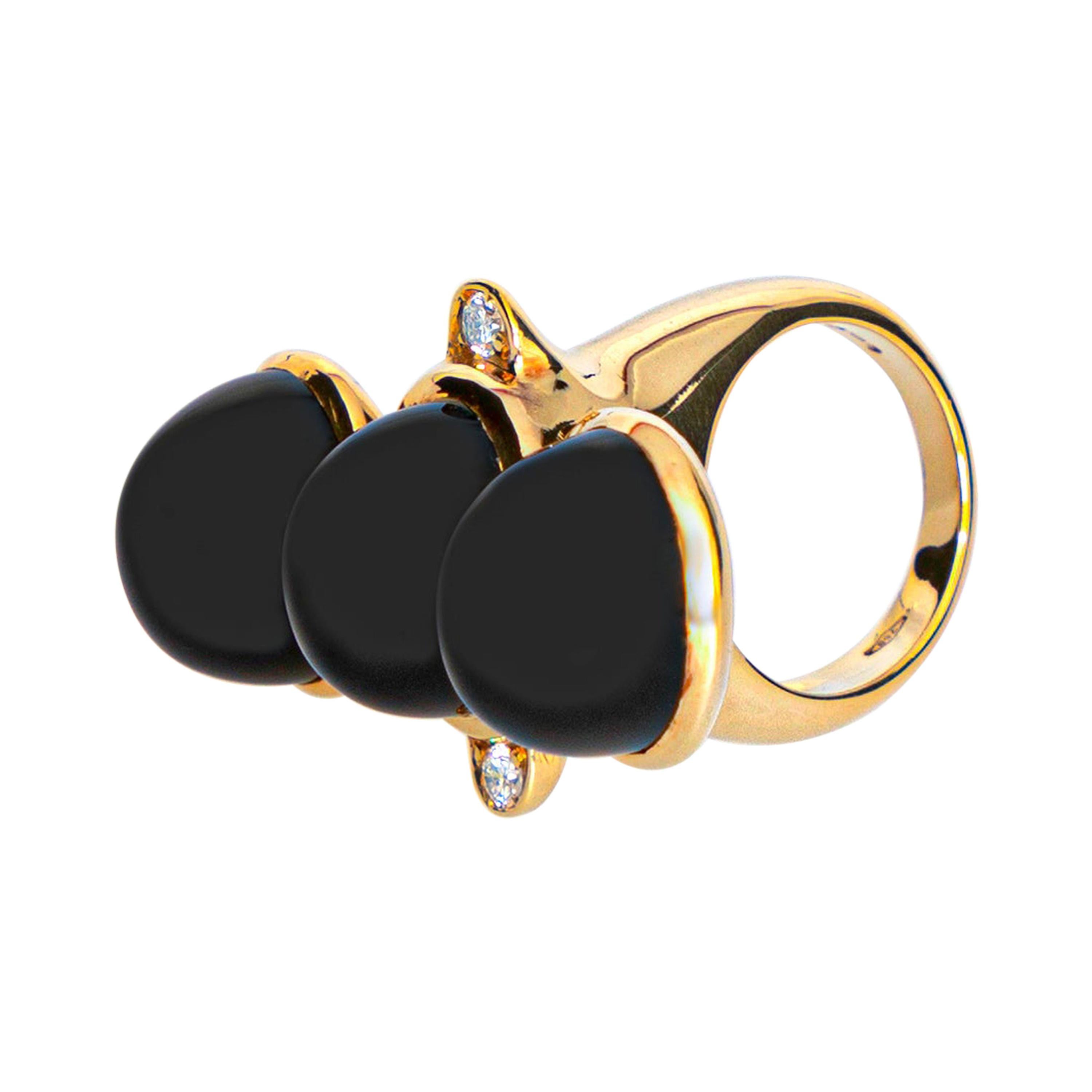 Bague cocktail faite à la main à trois pierres en or jaune 18 carats avec agate noire et diamants