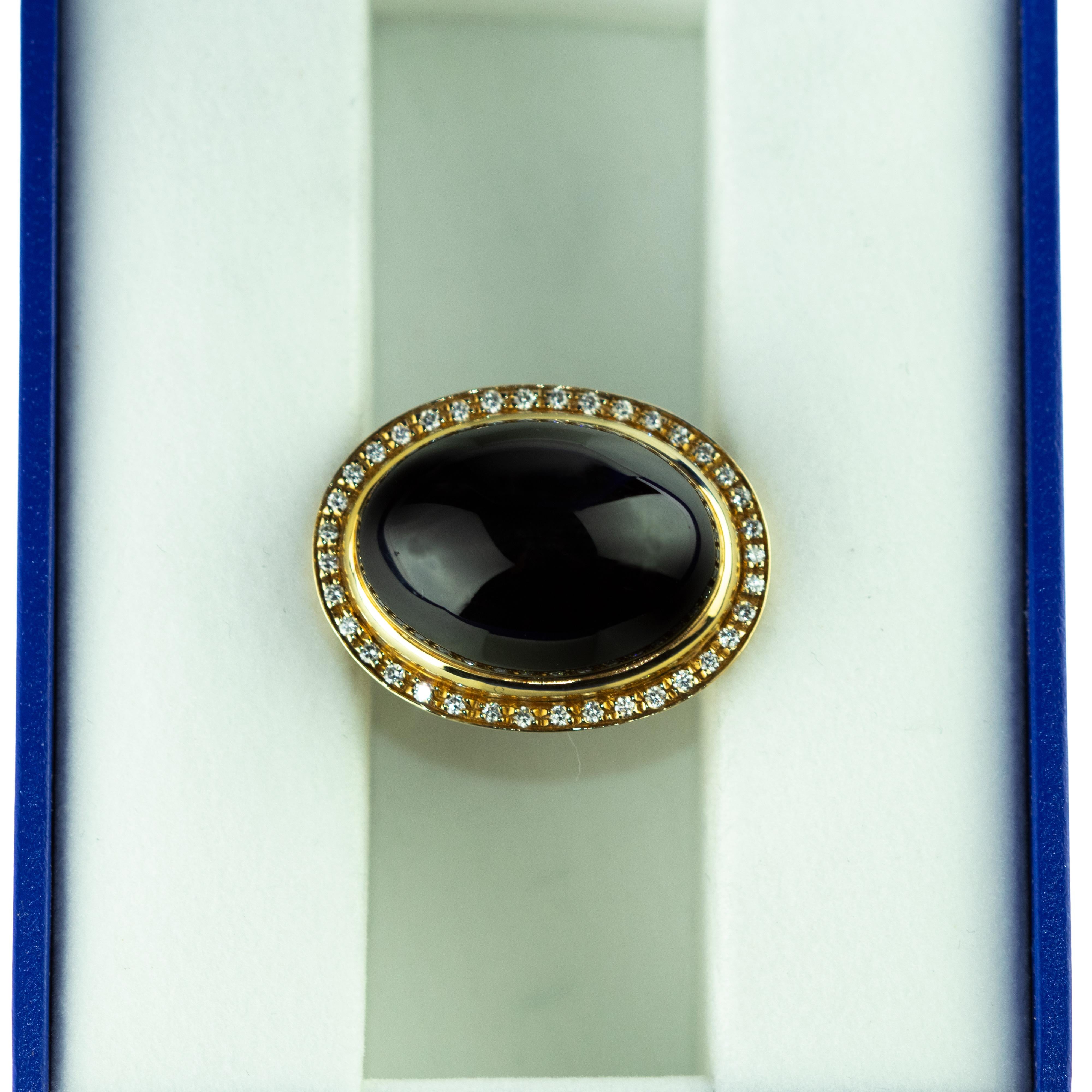 Black Agate Diamond 18 Karat Gold Bezel Set Oval Cut Handmade Cocktail Ring In New Condition For Sale In Milano, IT