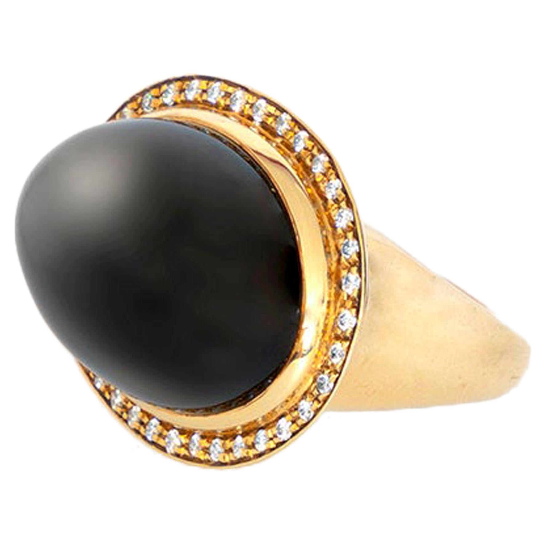 Black Agate Diamond 18 Karat Gold Bezel Set Oval Cut Handmade Cocktail Ring