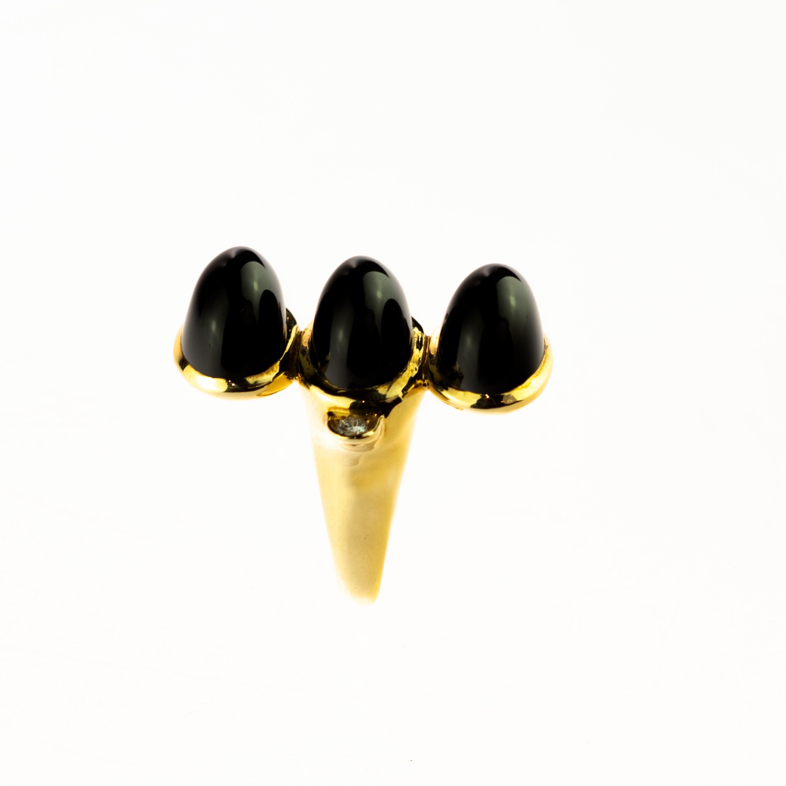 Women's Black Agate Diamond 18 Karat Yellow Gold Three Stones Cocktail Handmade Ring