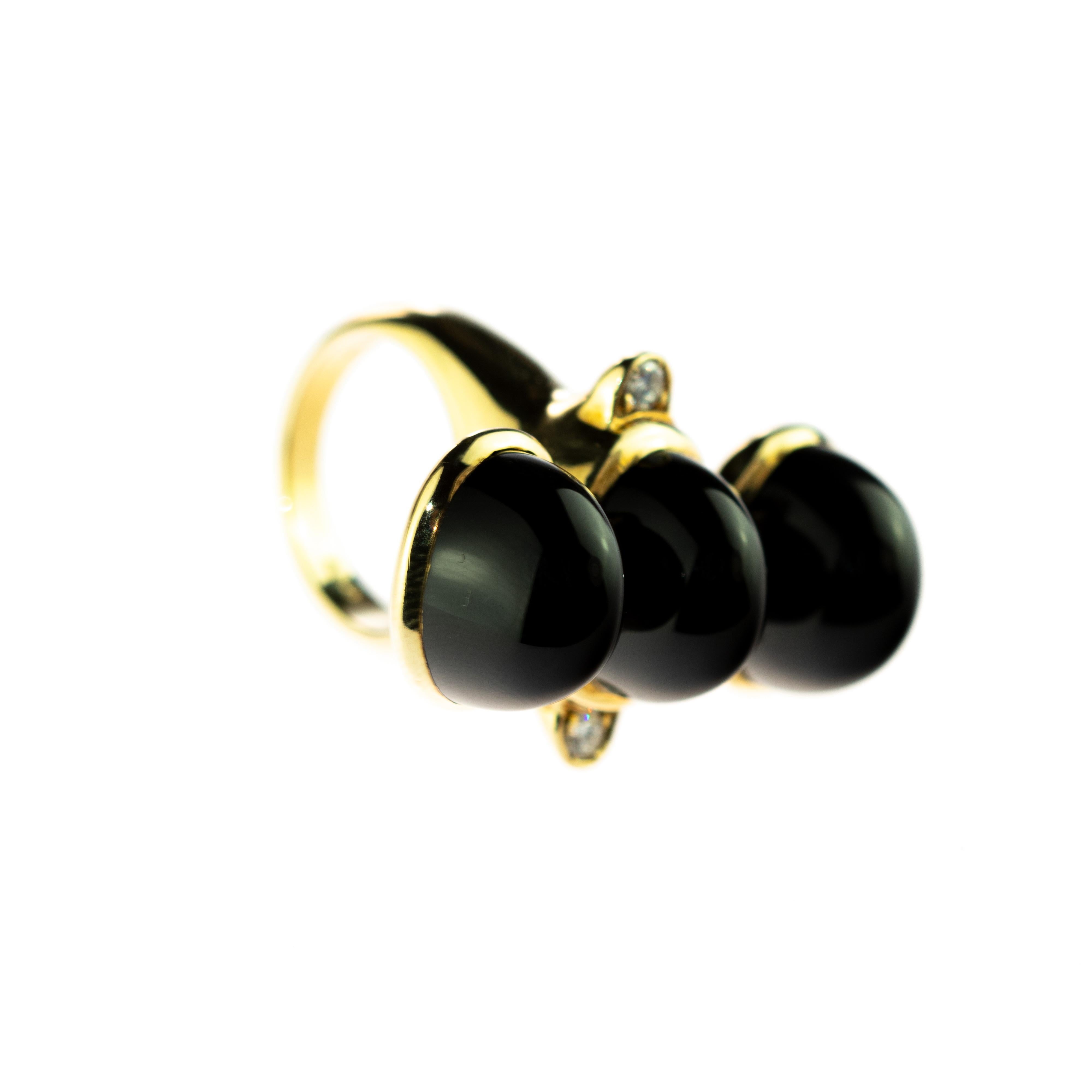 Black Agate Diamond 18 Karat Yellow Gold Three Stones Cocktail Handmade Ring 3