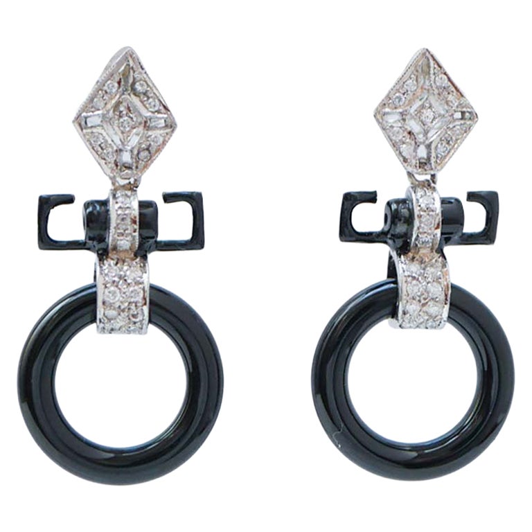 Black Agate, Diamonds, Enamel, Platinum Earrings.