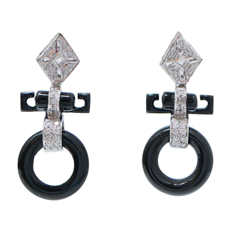 Black Agate, Diamonds, Enamel, Platinum Earrings.