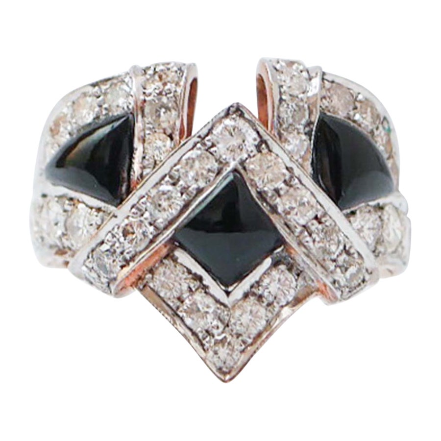 Black Agate, Diamonds, Rose Gold and Silver Ring.