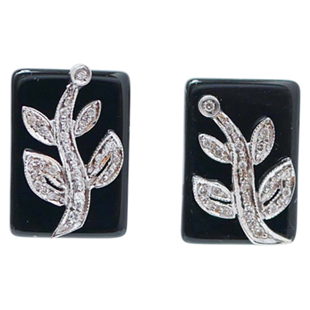 Black Agate, Diamonds, White Gold Earrings. For Sale