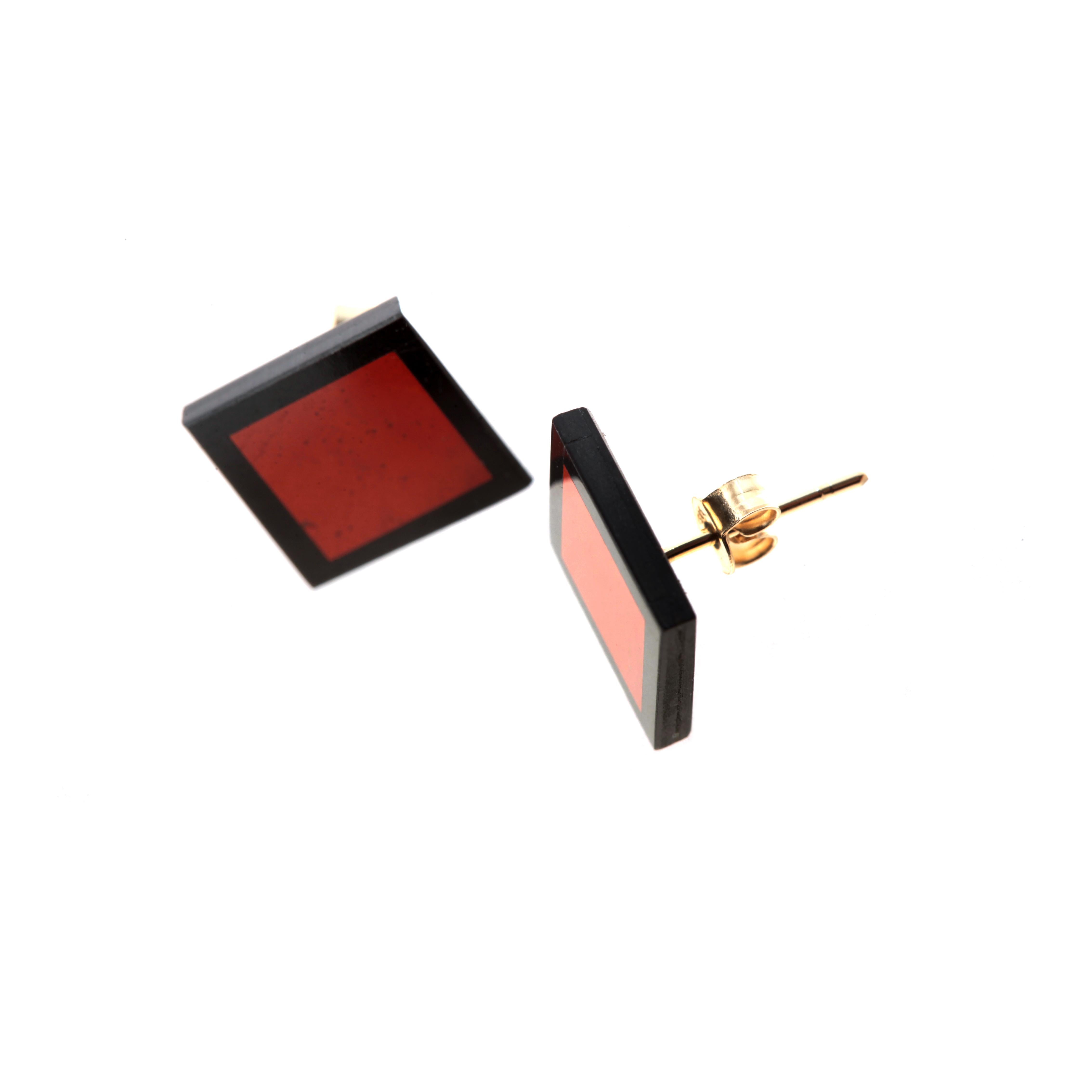 Black Agate Diaspro Gold Plate Stud Square Geometric Modern Chic Earrings In New Condition For Sale In Milano, IT