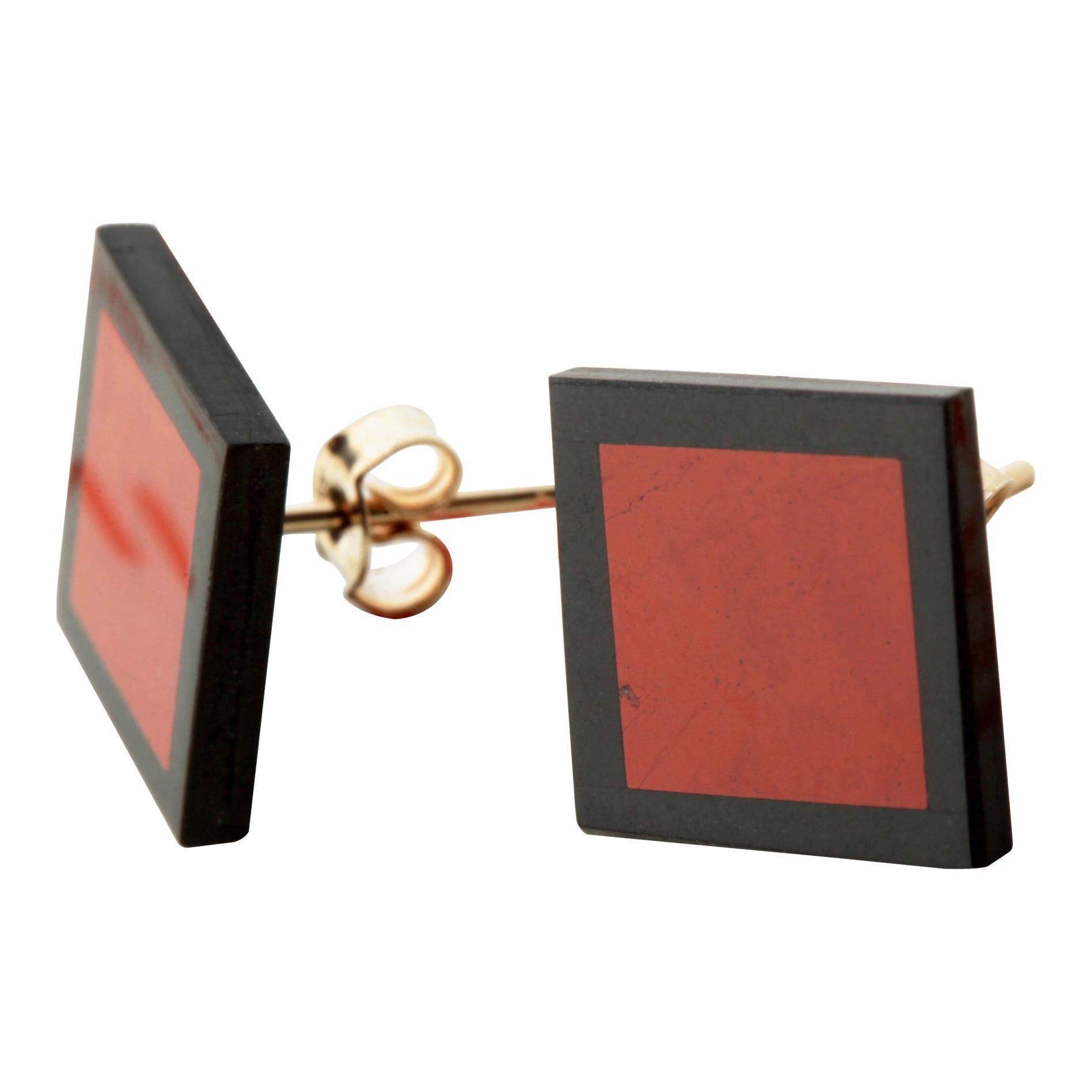 Black Agate Diaspro Gold Plate Stud Square Geometric Modern Chic Earrings For Sale