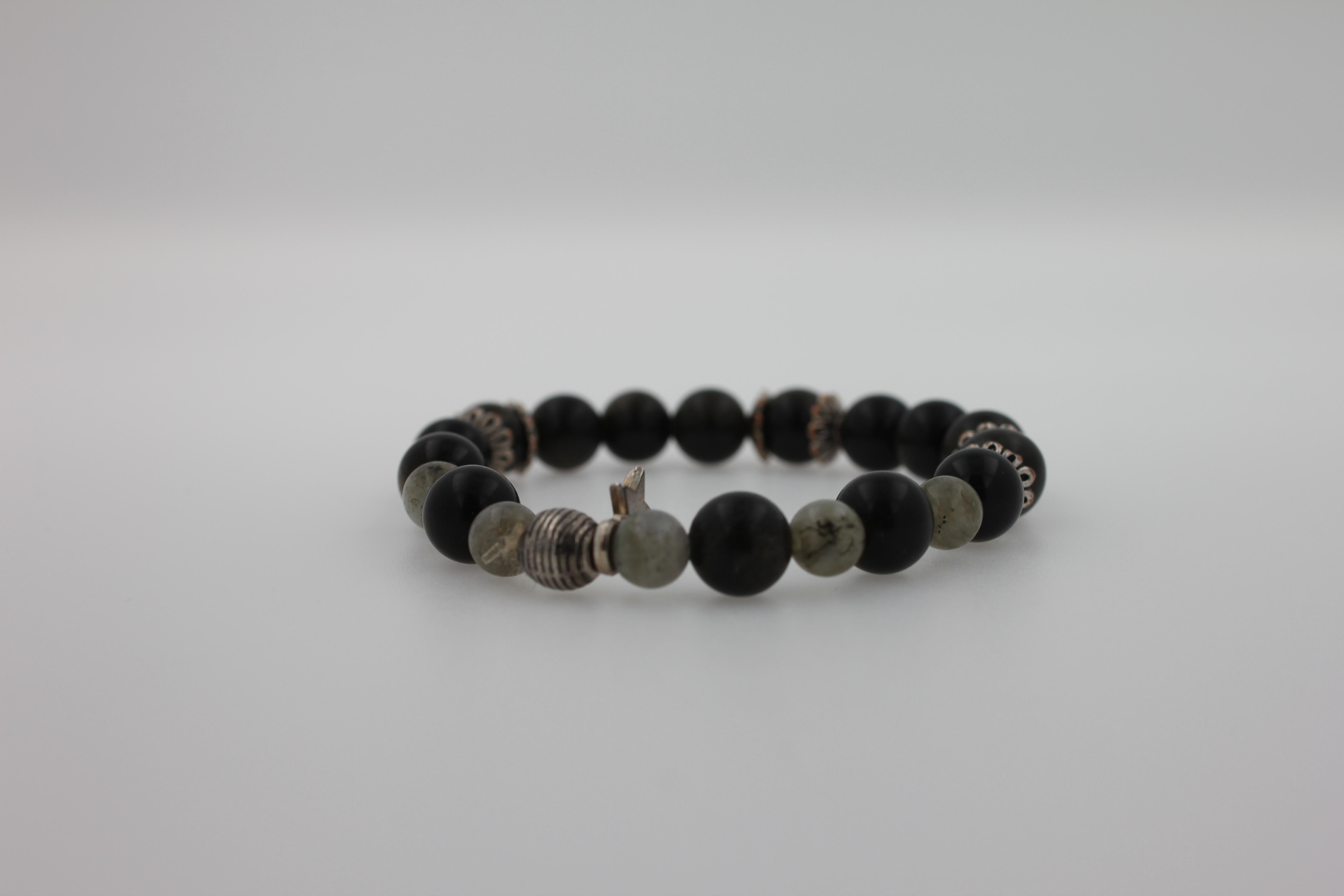 Round Cut Black Agate Earth Gemstone Round Chakra Beads Stretchy Unique Statement Bracelet For Sale