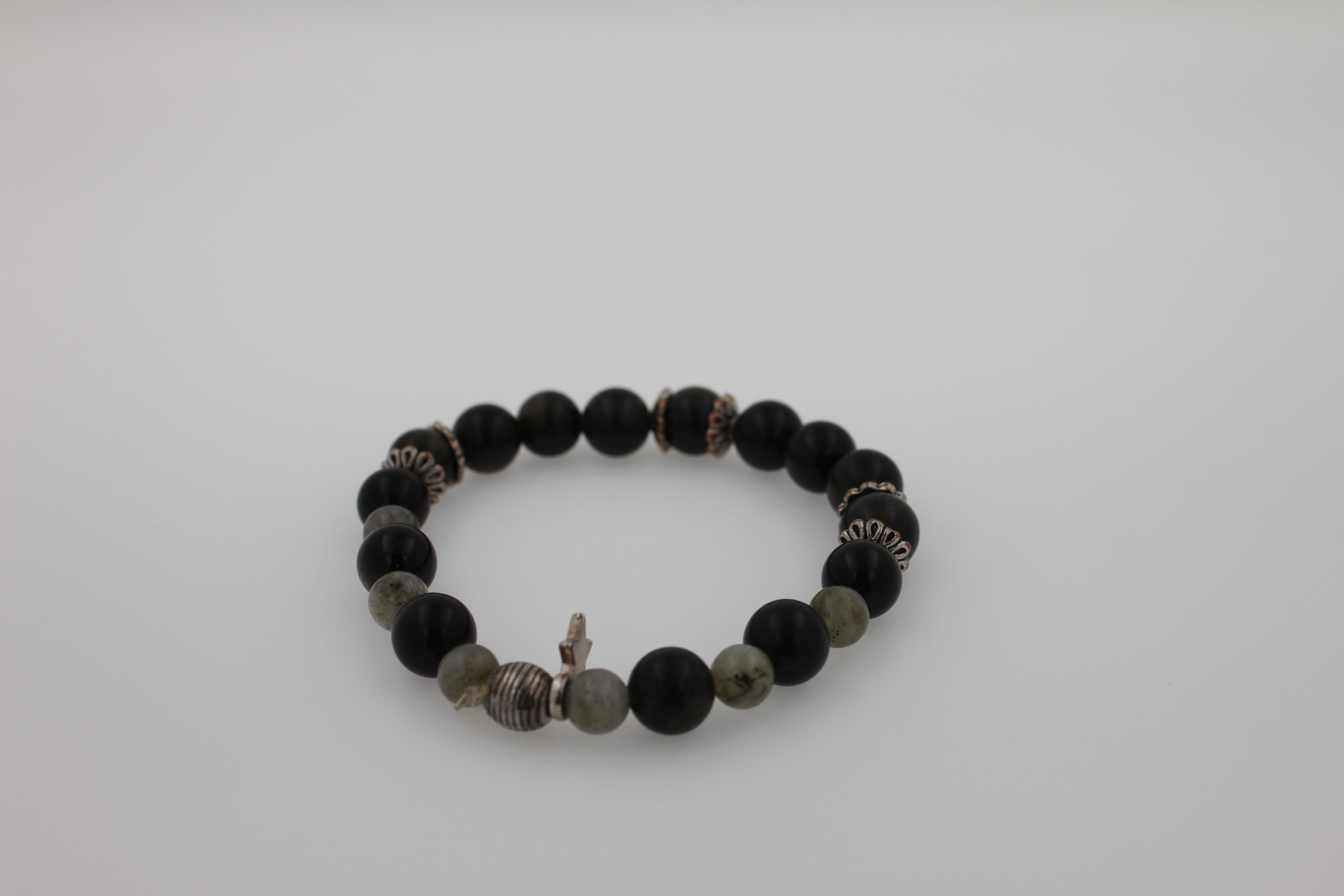 Black Agate Earth Gemstone Round Chakra Beads Stretchy Unique Statement Bracelet In New Condition For Sale In Oakton, VA