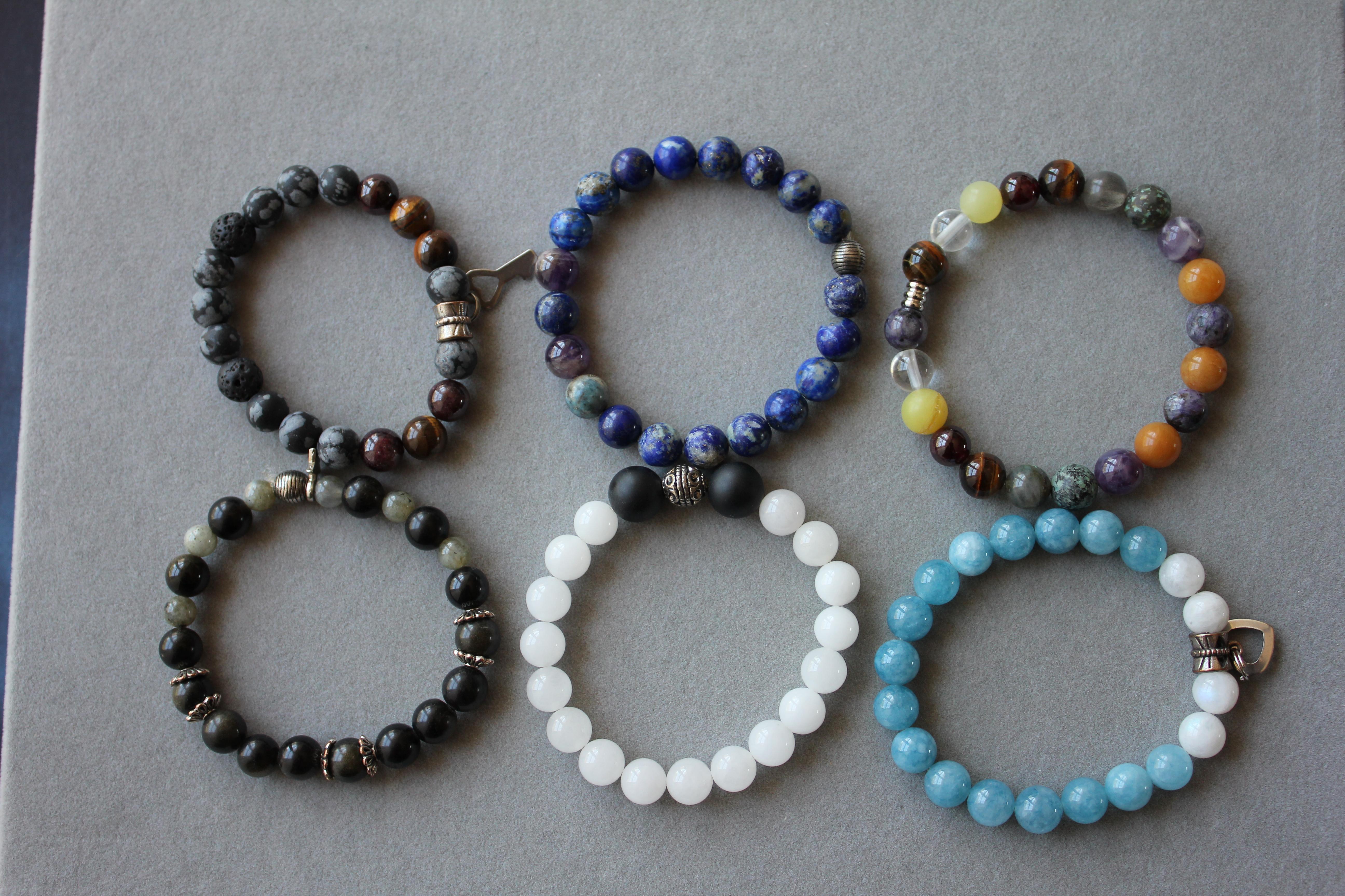 Black Agate Earth Gemstone Round Chakra Beads Stretchy Unique Statement Bracelet For Sale 1