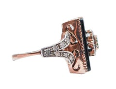 Black Agate, Emerald, Diamonds, Rose Gold and Silver Ring.