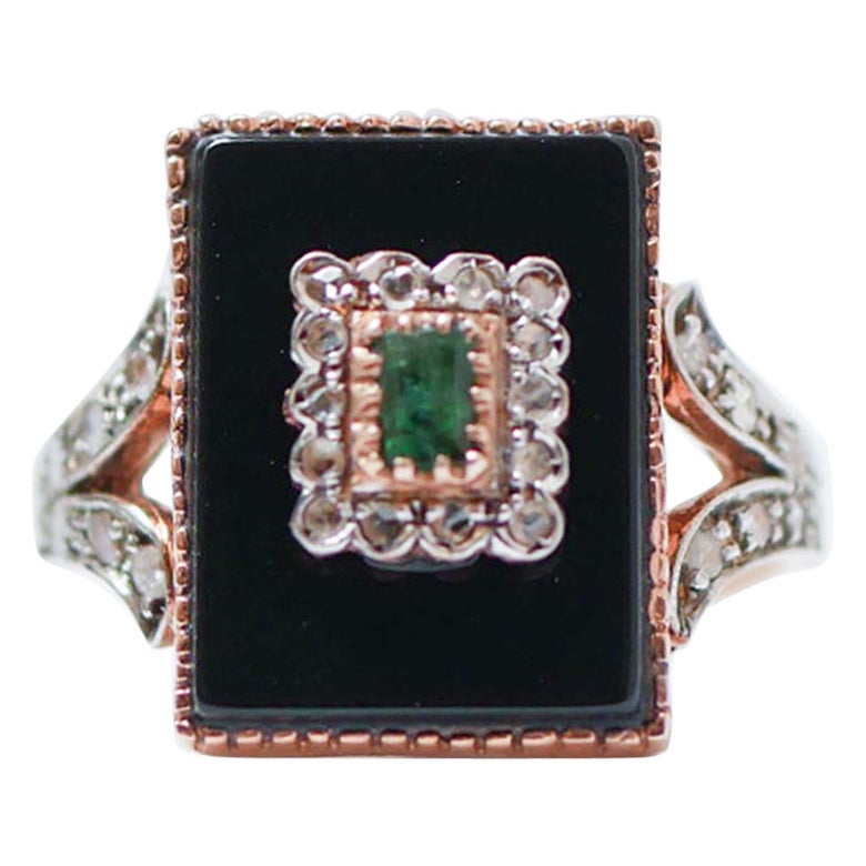 Ring aus schwarzem Achat, Smaragd, Diamanten, Roségold und Silber. im Angebot