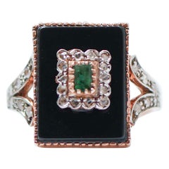 Black Agate, Emerald, Diamonds, Rose Gold and Silver Ring.