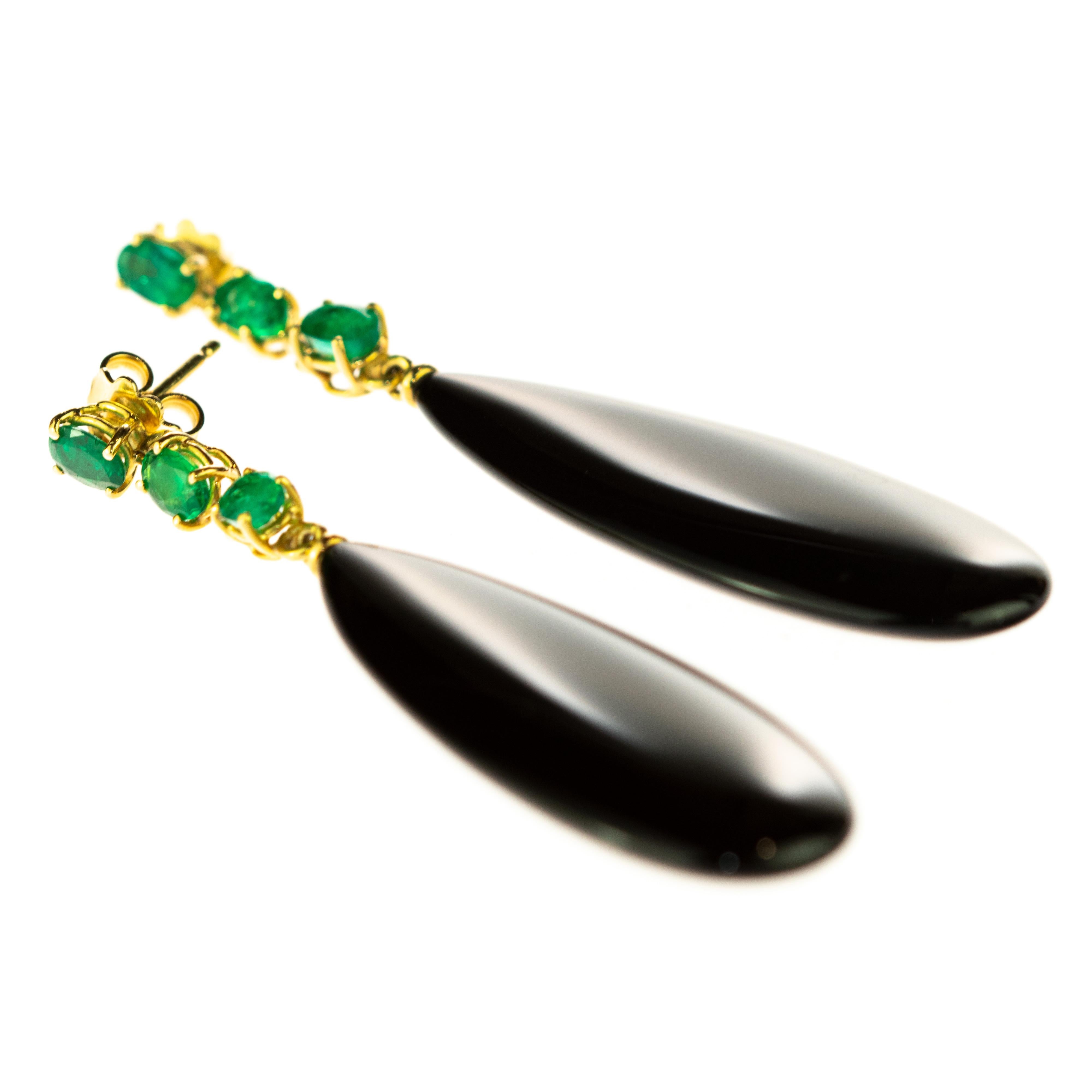 Black Agate Emerald 18 Karat Yellow Gold Chandelier Tear Drop Long Earrings 5