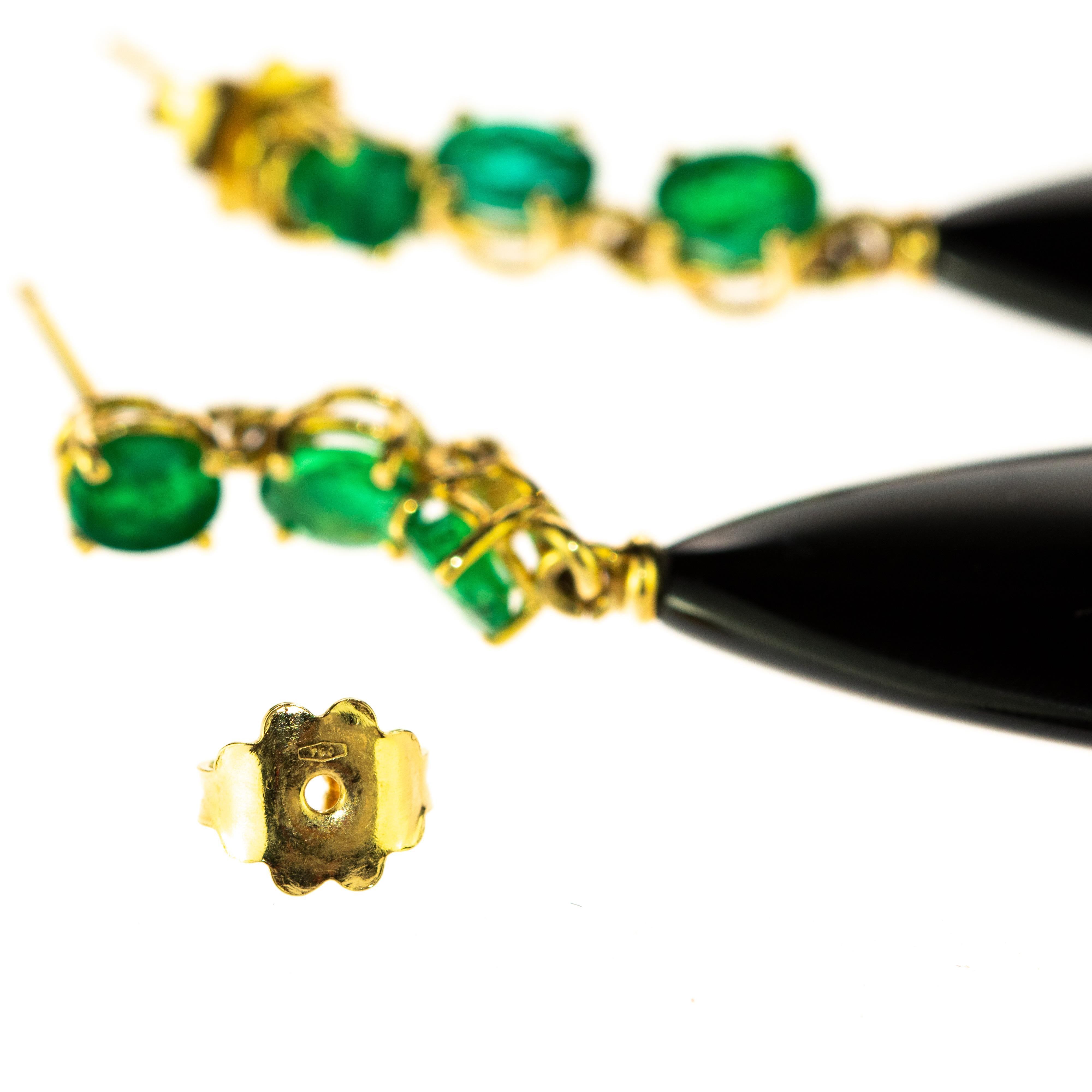 Black Agate Emerald 18 Karat Yellow Gold Chandelier Tear Drop Long Earrings 6