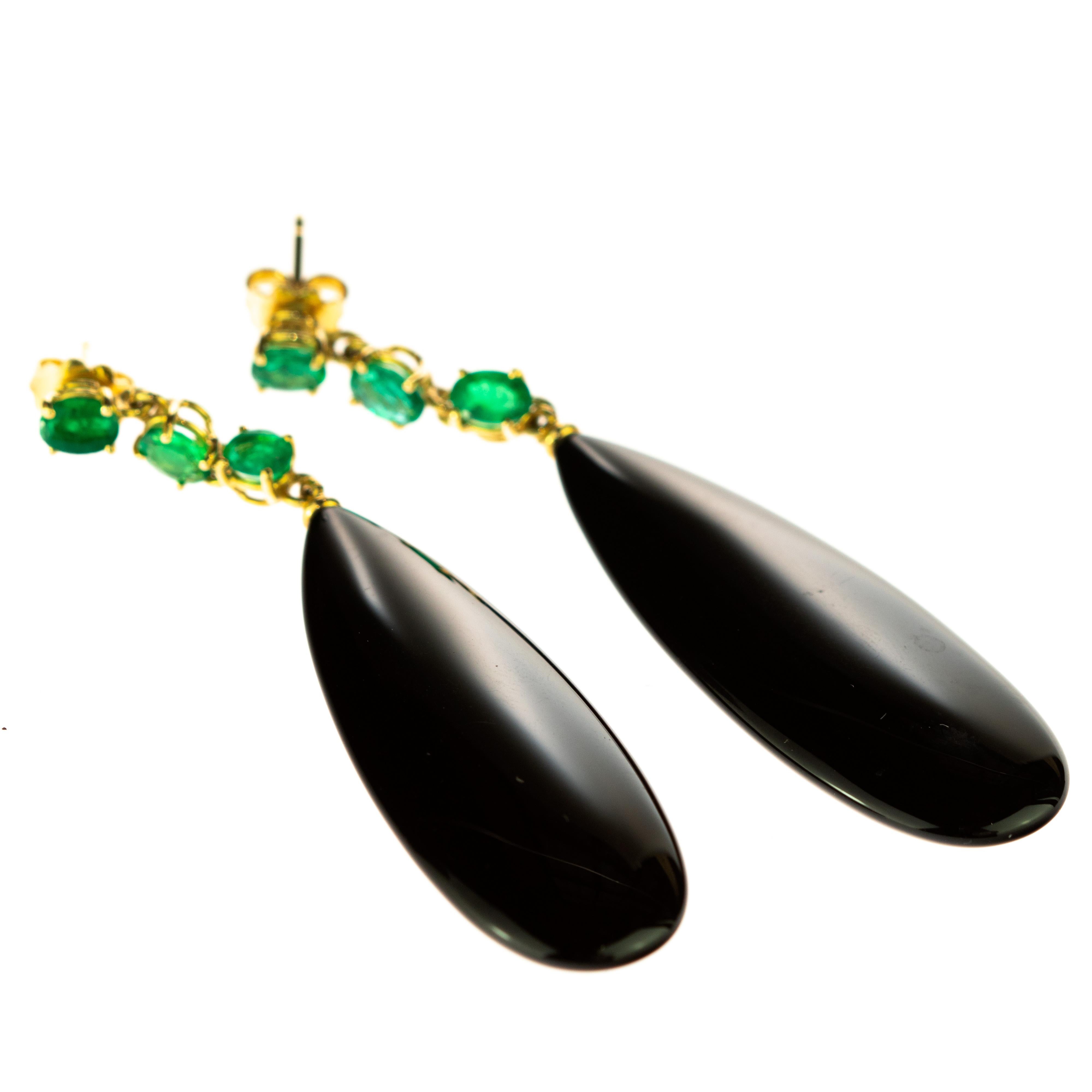 Black Agate Emerald 18 Karat Yellow Gold Chandelier Tear Drop Long Earrings 8