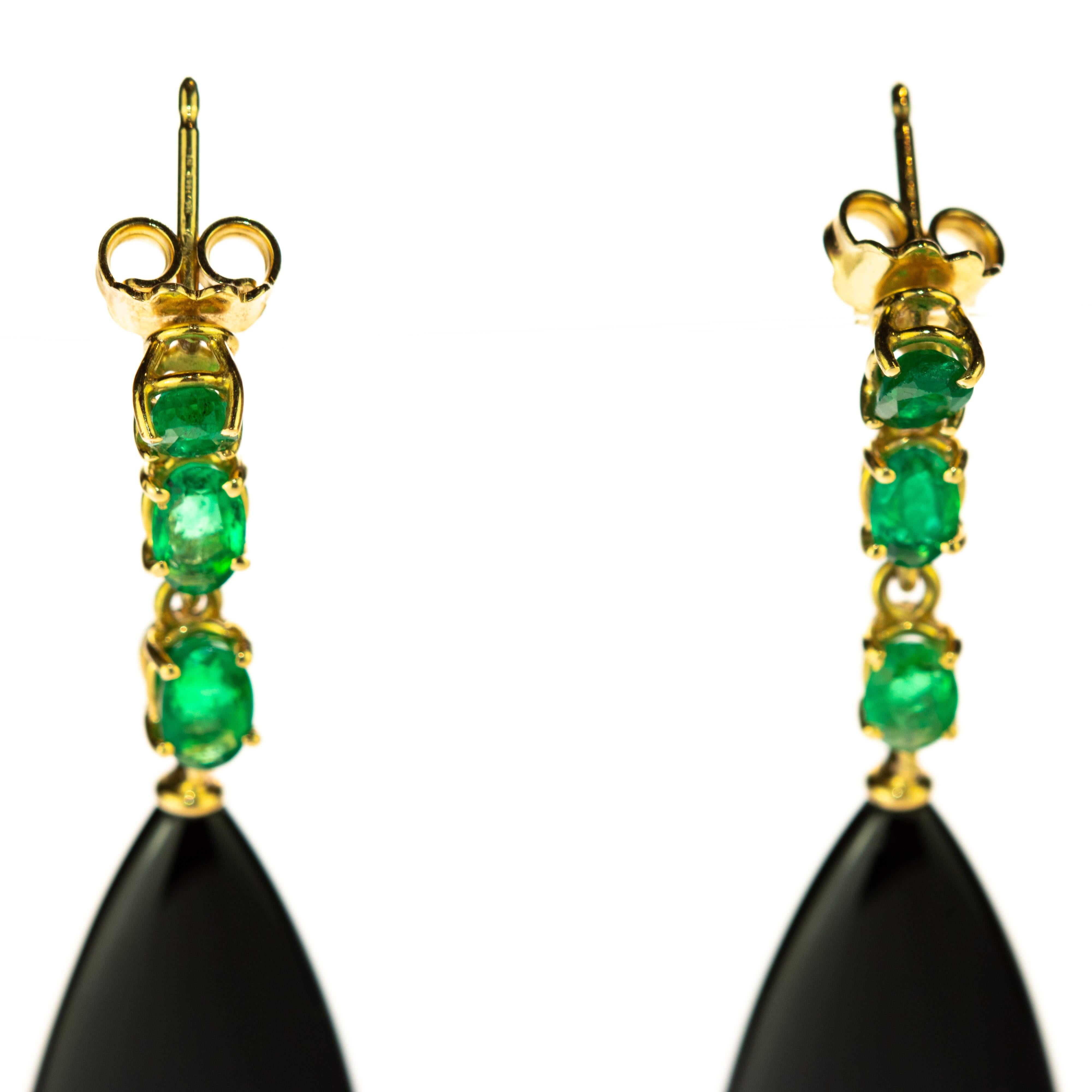 Women's Black Agate Emerald 18 Karat Yellow Gold Chandelier Tear Drop Long Earrings