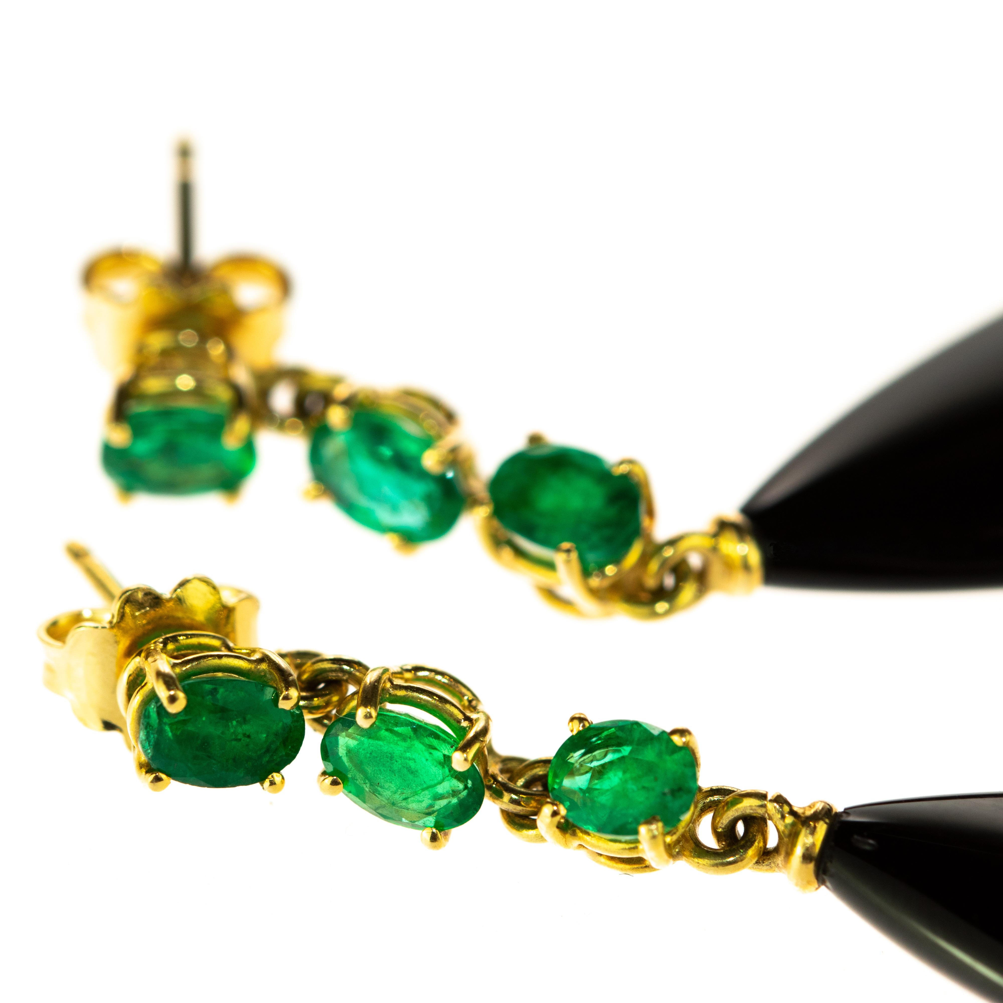 Black Agate Emerald 18 Karat Yellow Gold Chandelier Tear Drop Long Earrings 1