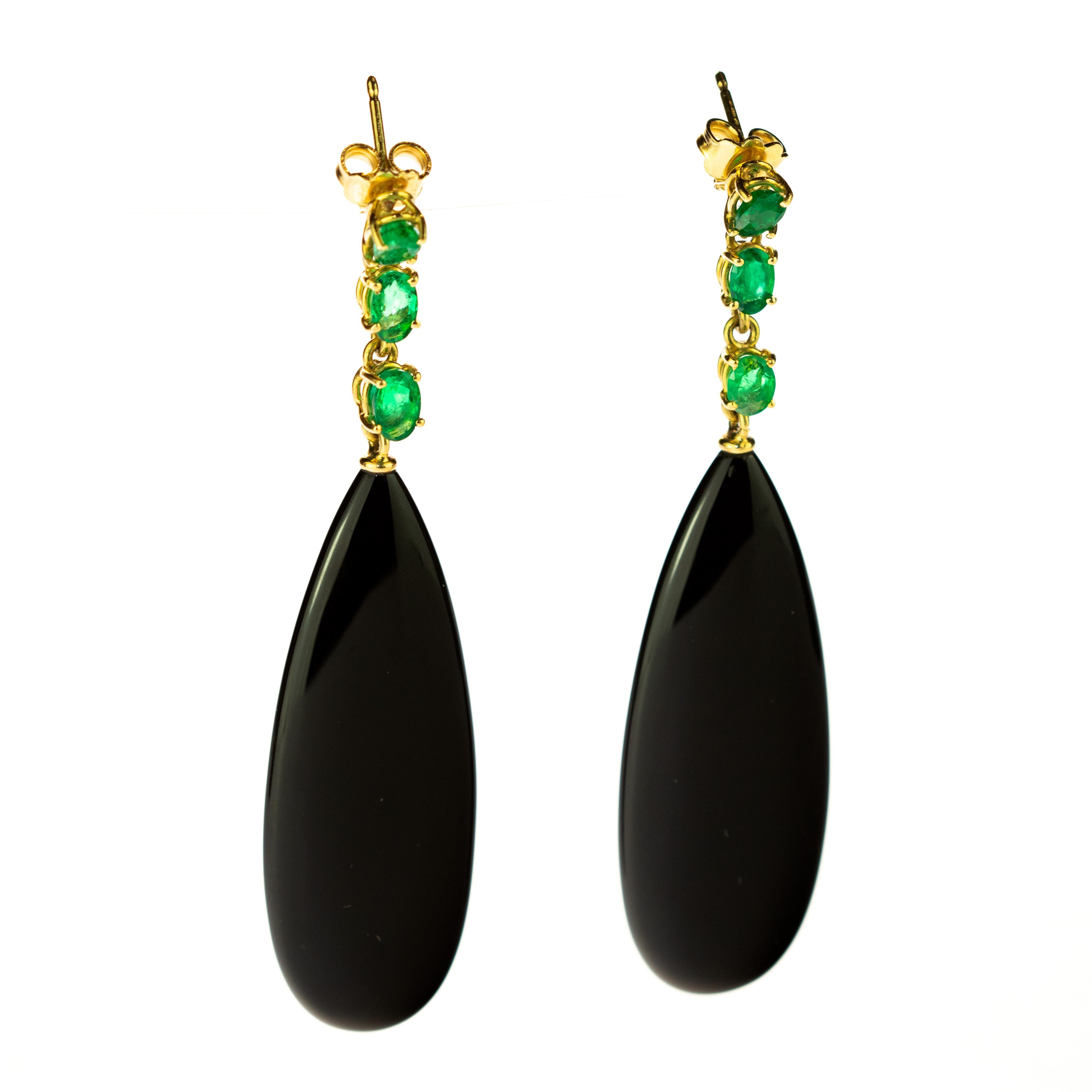 Black Agate Emerald 18 Karat Yellow Gold Chandelier Tear Drop Long Earrings 3