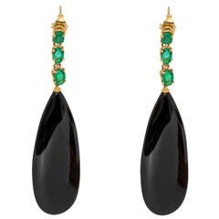 Black Agate Emerald 18 Karat Yellow Gold Chandelier Tear Drop Long Earrings