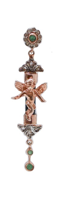 Black Agate, Emeralds, Diamonds, Rose Gold and Silver Earrings.