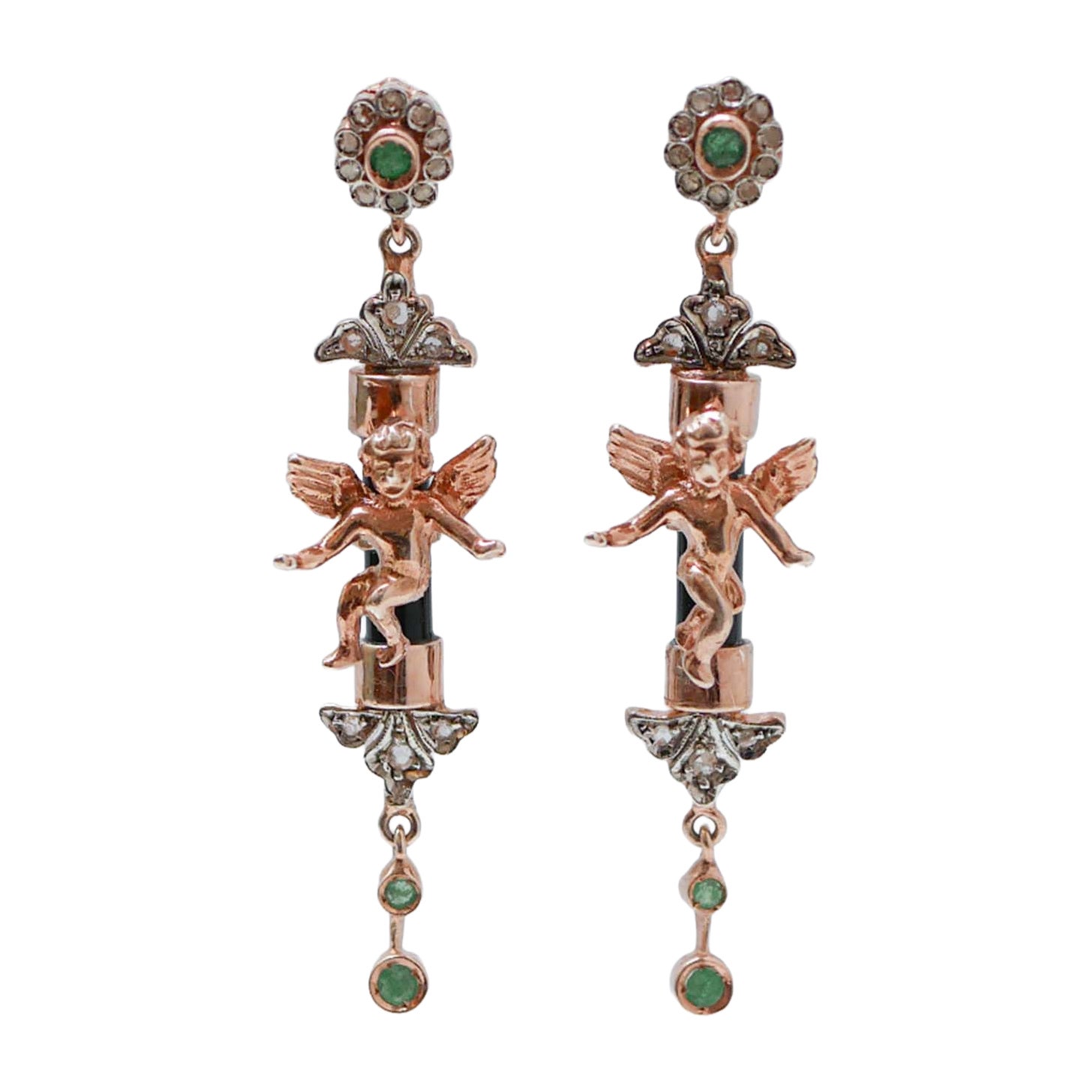 Black Agate, Emeralds, Diamonds, Rose Gold and Silver Earrings. For Sale