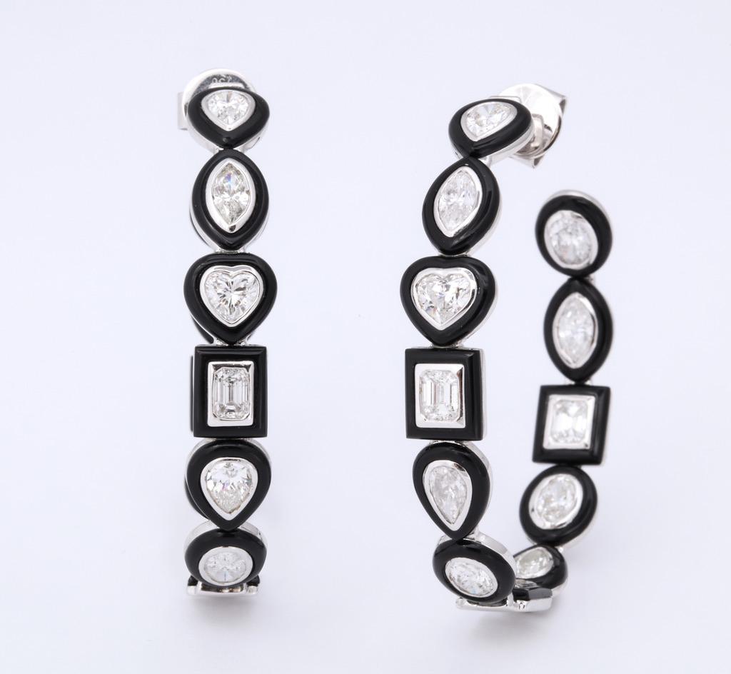 Fancy Shape Diamond Black Agate White Gold Hoop Earclips In New Condition In Bal Harbour, FL