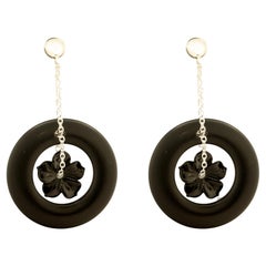 Black Agate Flower 925 Sterling Silver Cocktail Spring Earrings Intini Jewels
